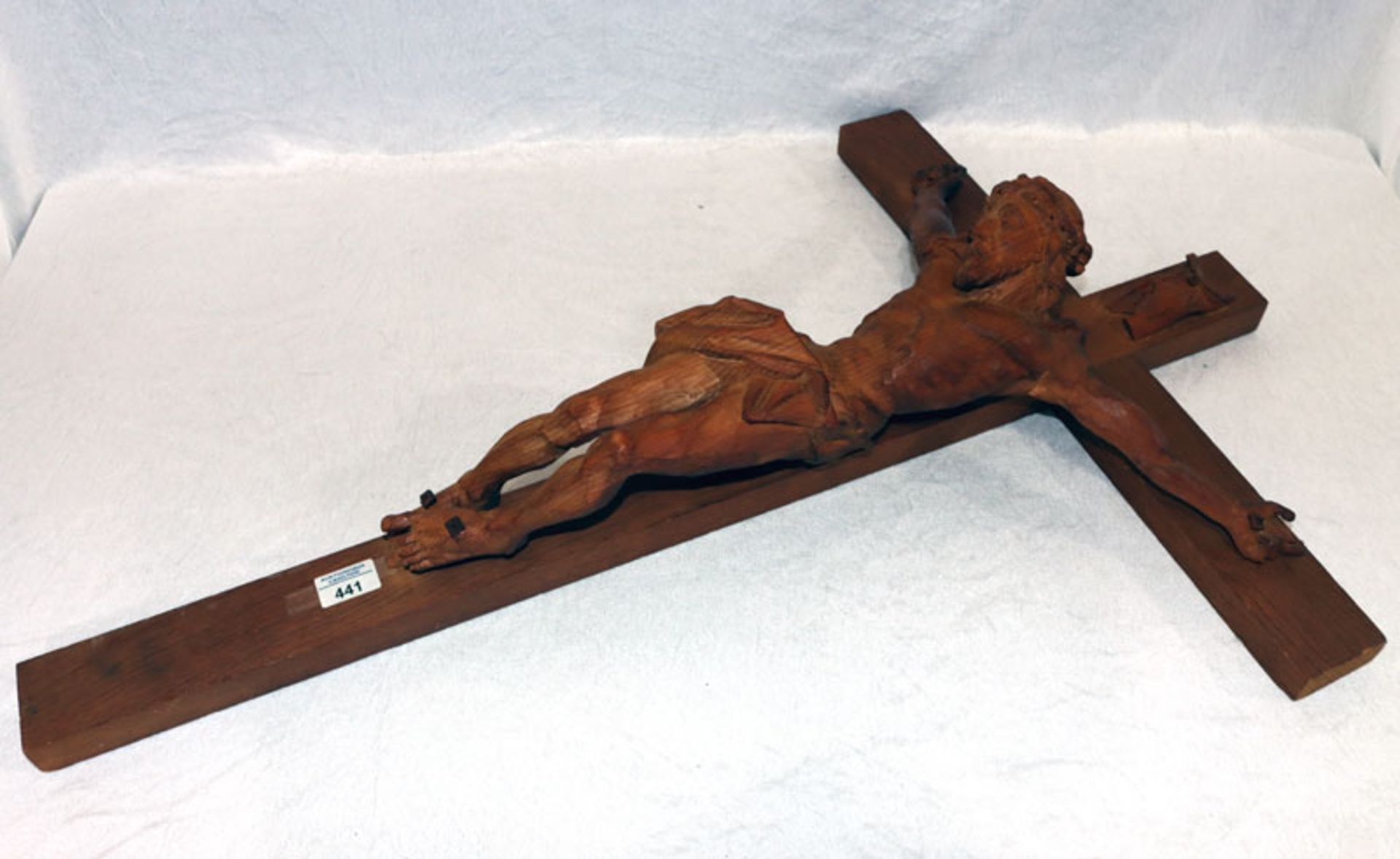 Holzkreuz mit Korpus Christi, dunkel gebeizt, H 90 cm, B 59 cm