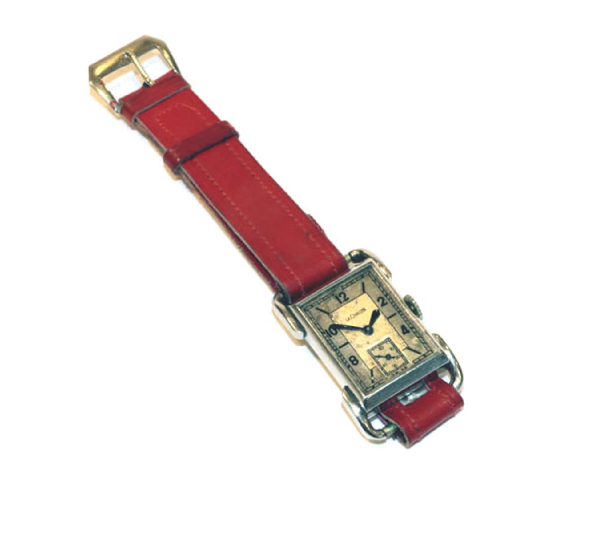 LeCoultre Damen Armbanduhr um 1930/40, Glas fehlt, Zifferblatt fleckig, defekt, an rotem Armband,