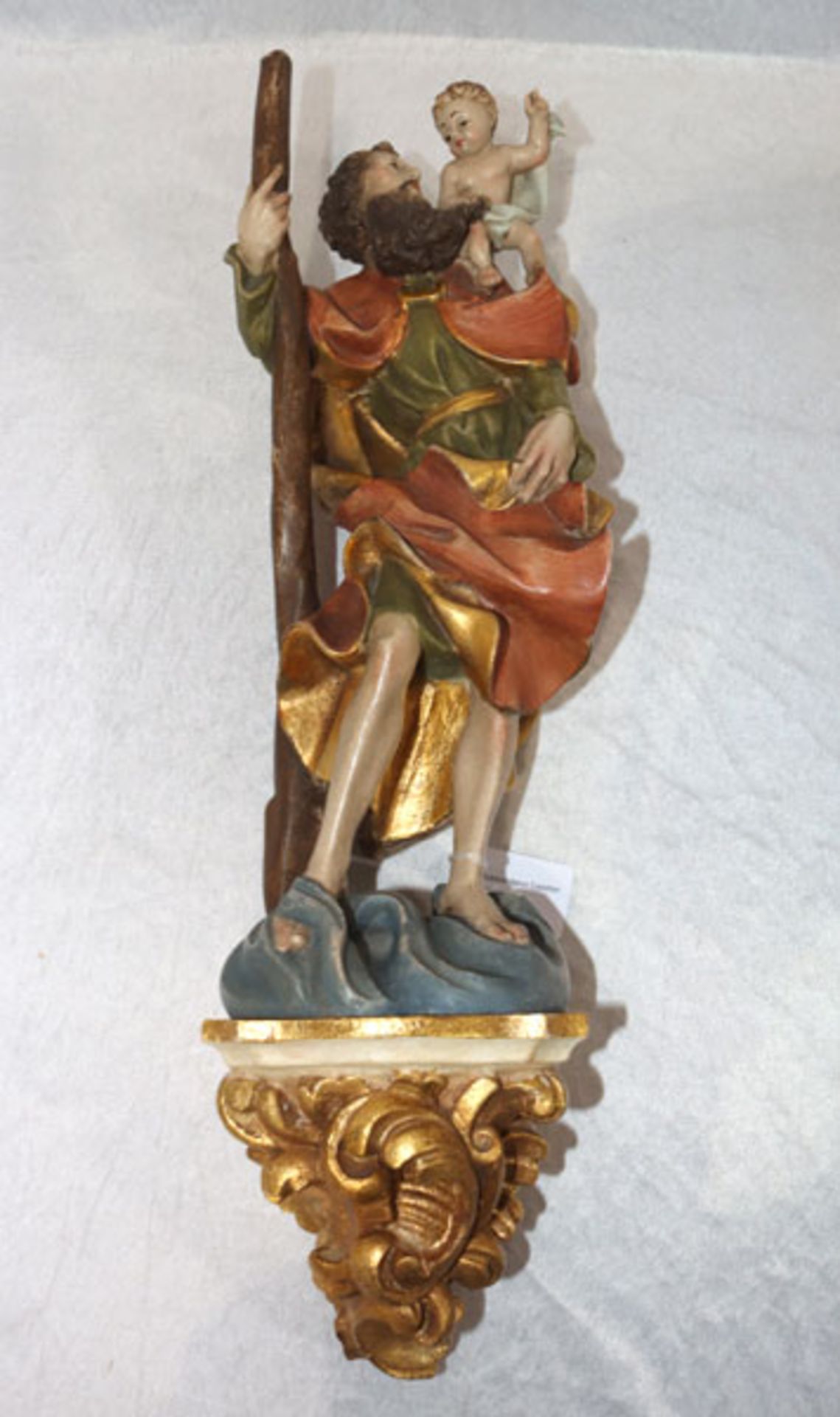 Holzfigur 'Heiliger Christophorus', mit Wandsockel, farbig gefaßt, H 54 cm, B 14 cm, T 13 cm