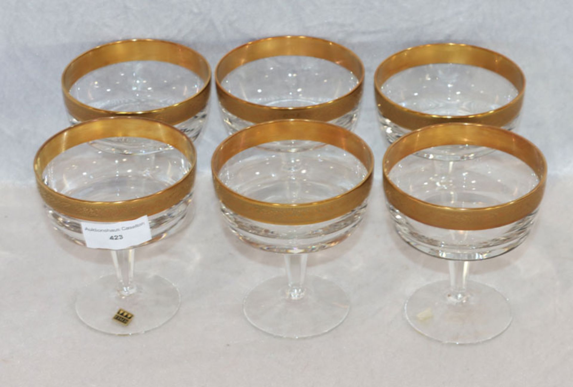 6 Eisch Sektschalen mit goldenem Floralrand, H 10,5 cm, D 9 cm, Gebrauchsspuren