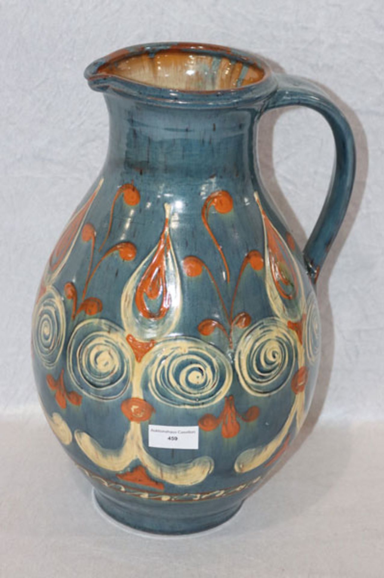 Keramik-Henkelvase, signiert Lang, Oberammergau, blau/beige/braun glasiert, H 39 cm, D 25 cm