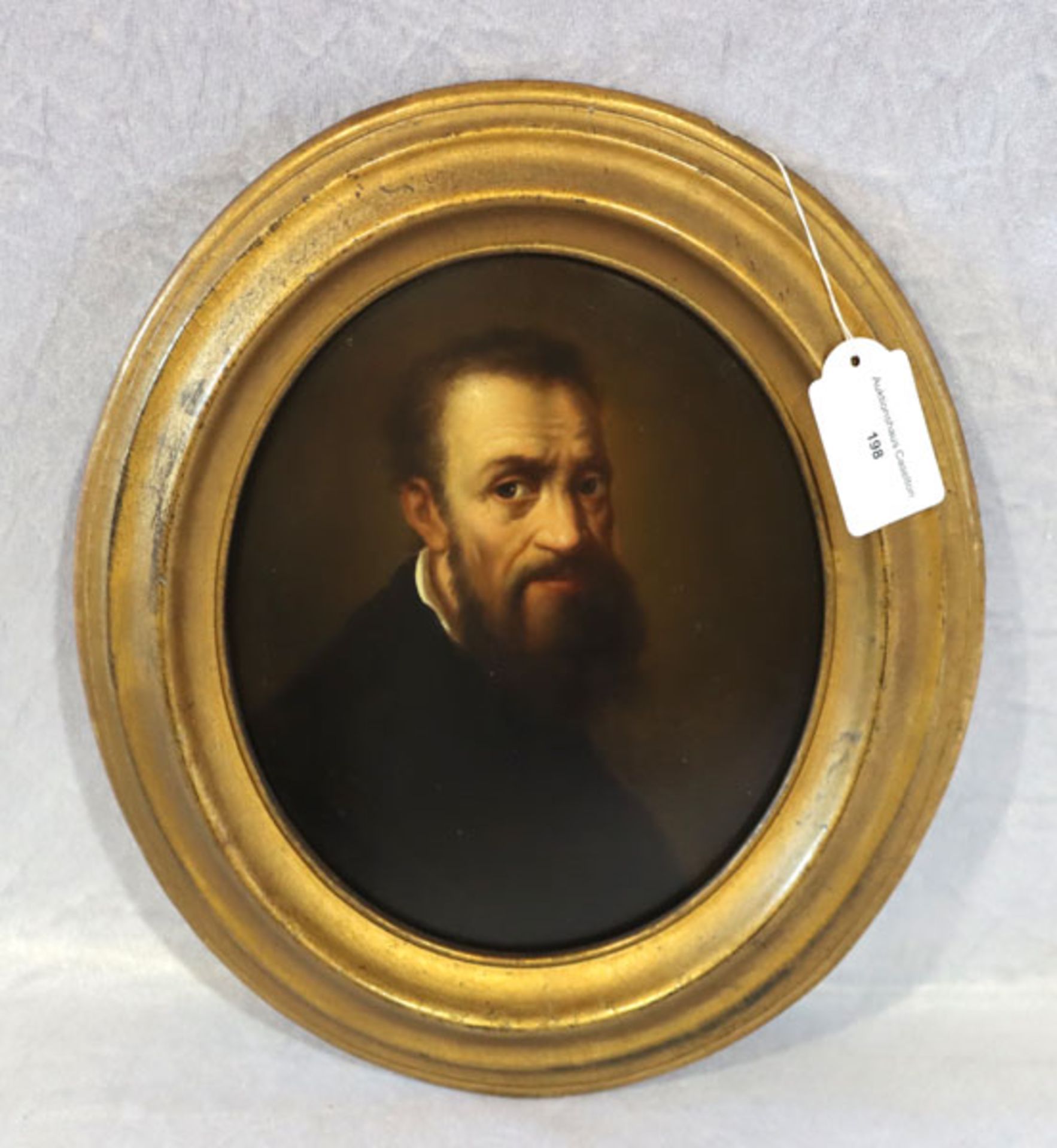 Gemälde ÖL/Malkarton 'Portrait von Michelangelo'. rückseitig bez. Michelangelo, oval gerahmt, Rahmen