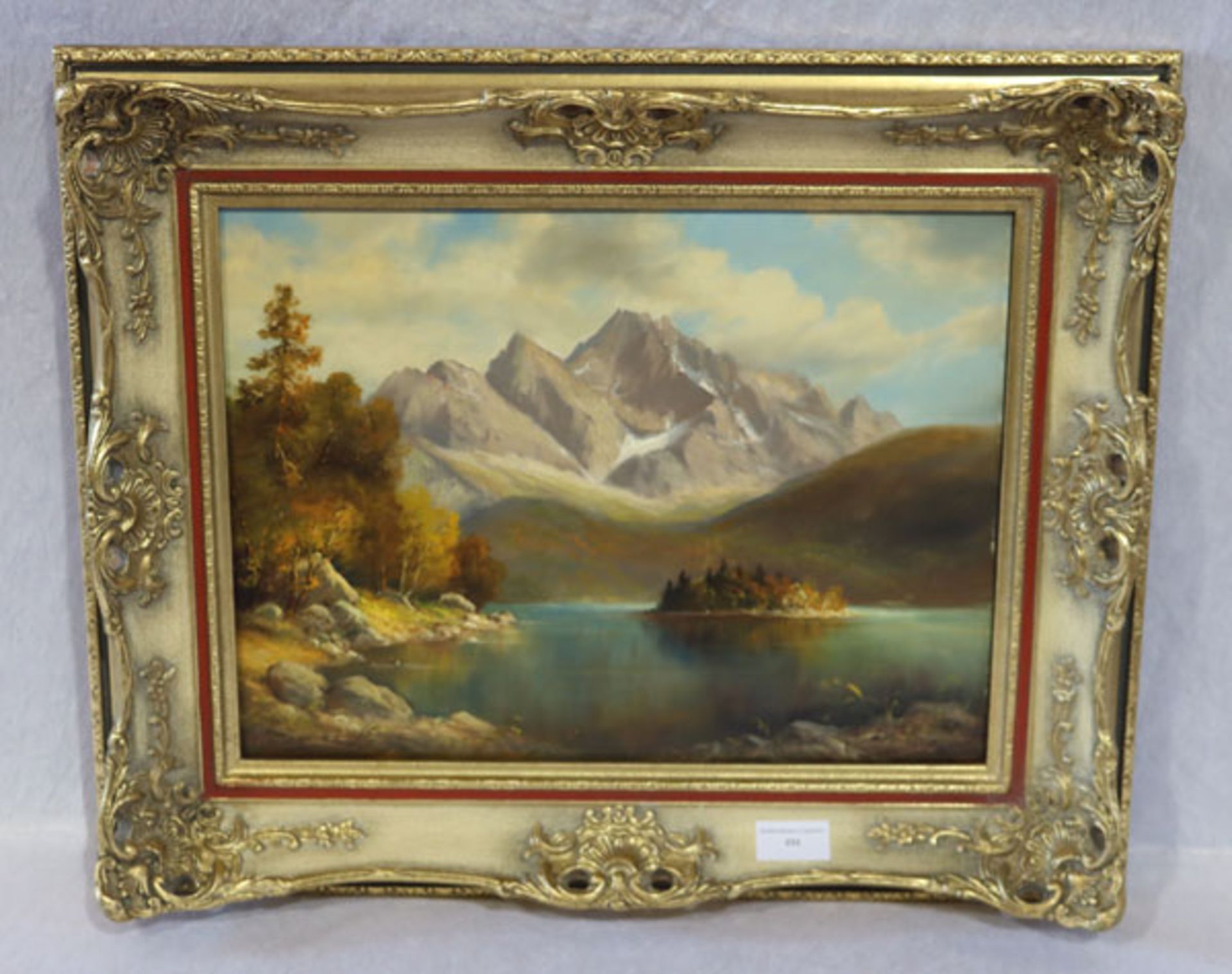 Gemälde ÖL/Hartfaser 'Eibsee mit Zugspitze', signiert M, Sammet, Max Sammet, akademischer Maler, *