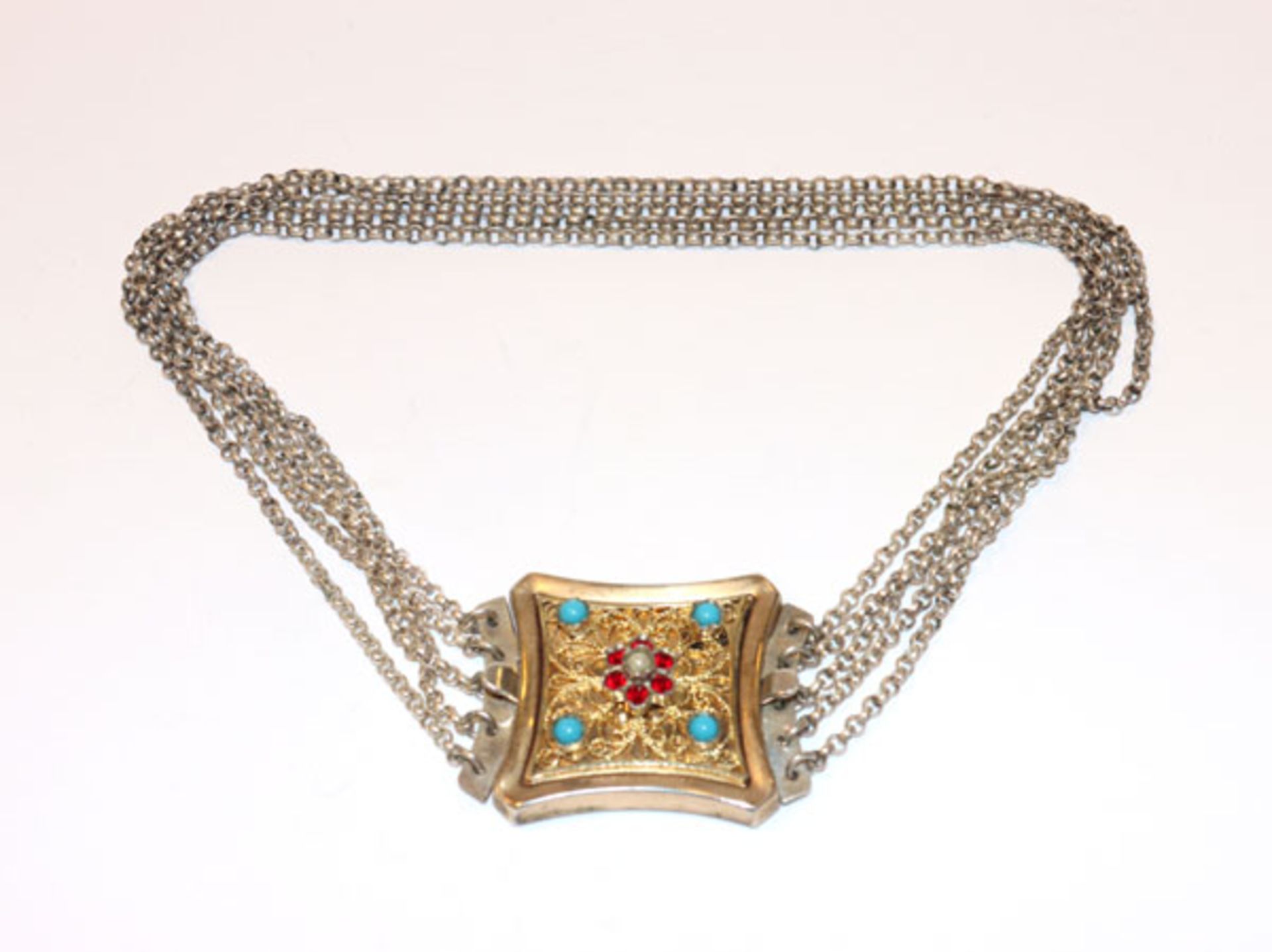 Silber Kropfkette, 5-reihig, vergoldete Schließe mit filigraner Verzierung, Granaten, kleiner