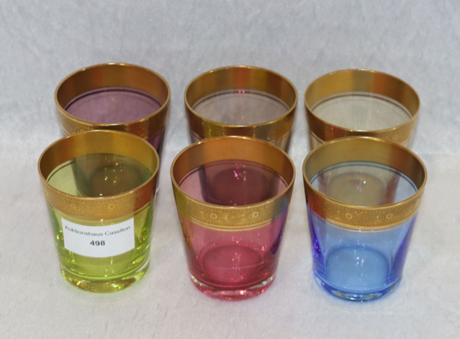 6 bunte Glasbecher mit Goldrand, H 7 cm, D 6 cm, Gebrauchsspuren