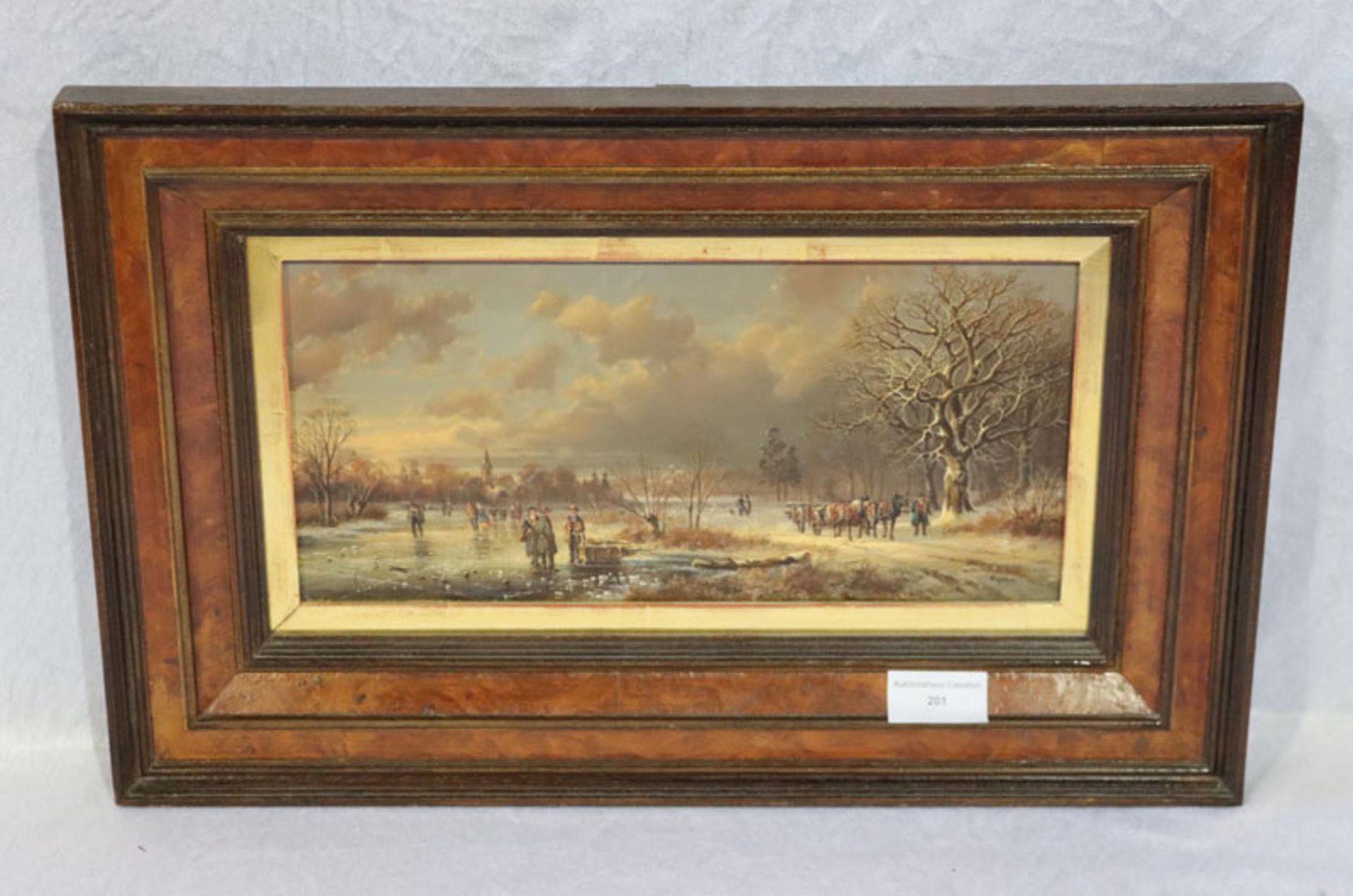 Gemälde ÖL/Holz 'Winterlandschaft mit Eisvergnügen und Pferdekutsche', signiert Kaplan, Hubert