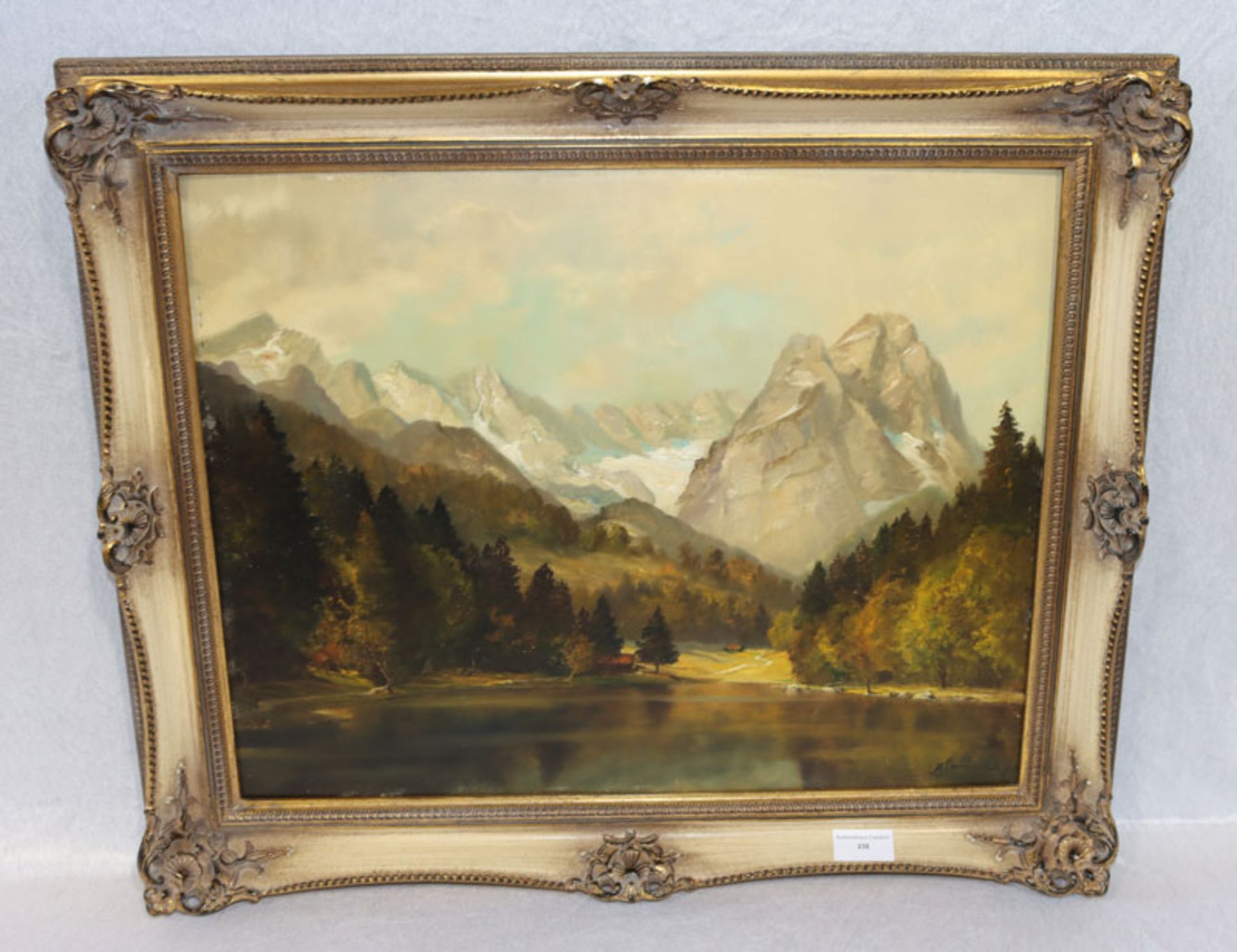 Gemälde ÖL/Hartfaser 'Riessersee mit Blick zum Wettersteingebirge', signiert M. Sammet, Max