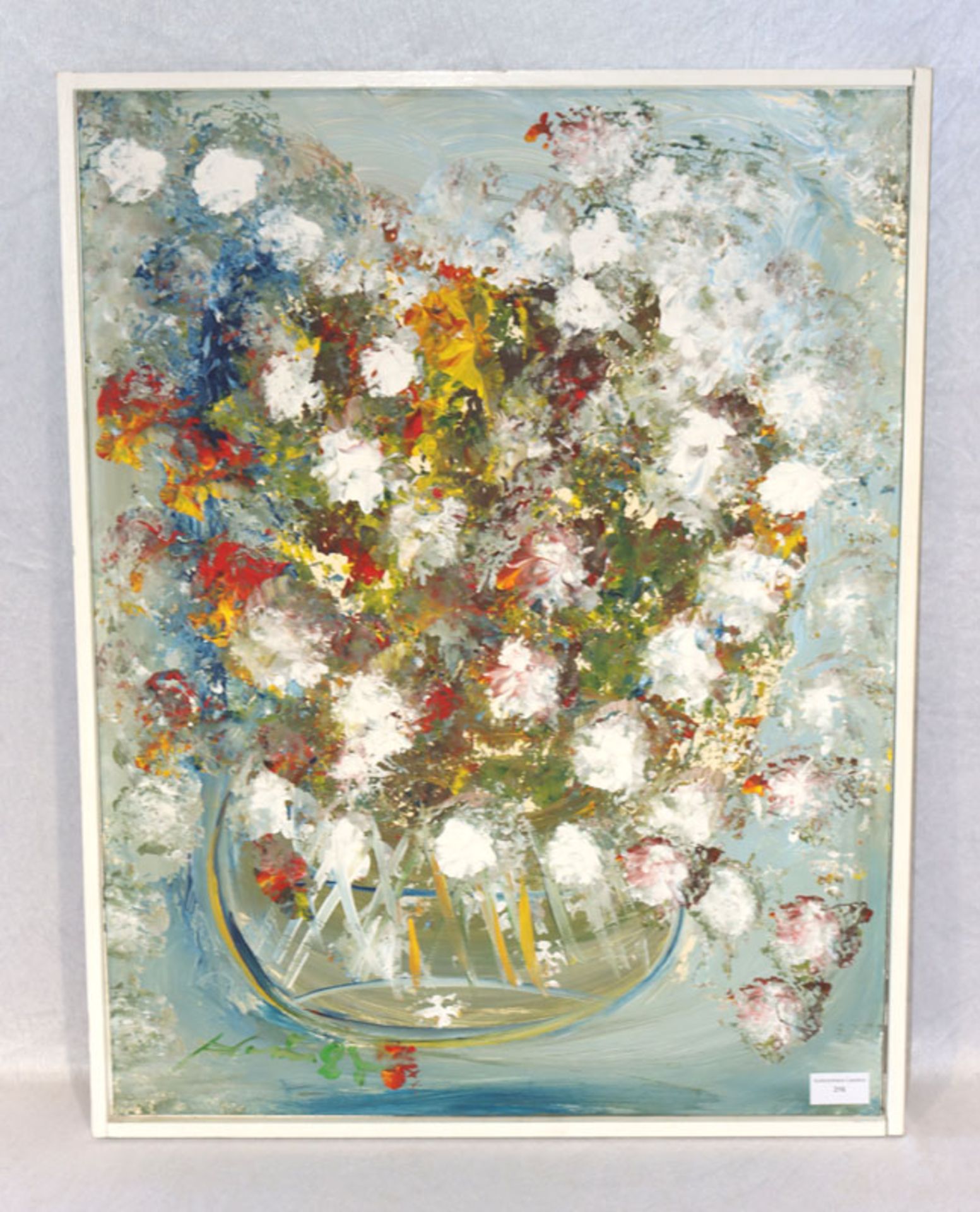 Gemälde ÖL/Hartfaser 'Blumenstillleben', signiert Heck ? 84, Leistenrahmen, incl. Rahmen 67 cm x