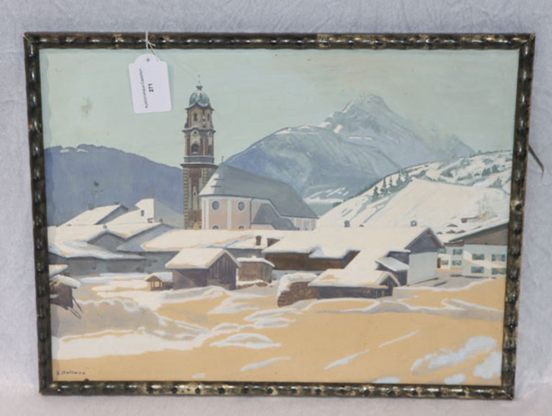 Aquarell 'Mittenwald im Schnee', signiert B. Hollaus, Bartholomäus Hollaus, * 1877 + 1943,