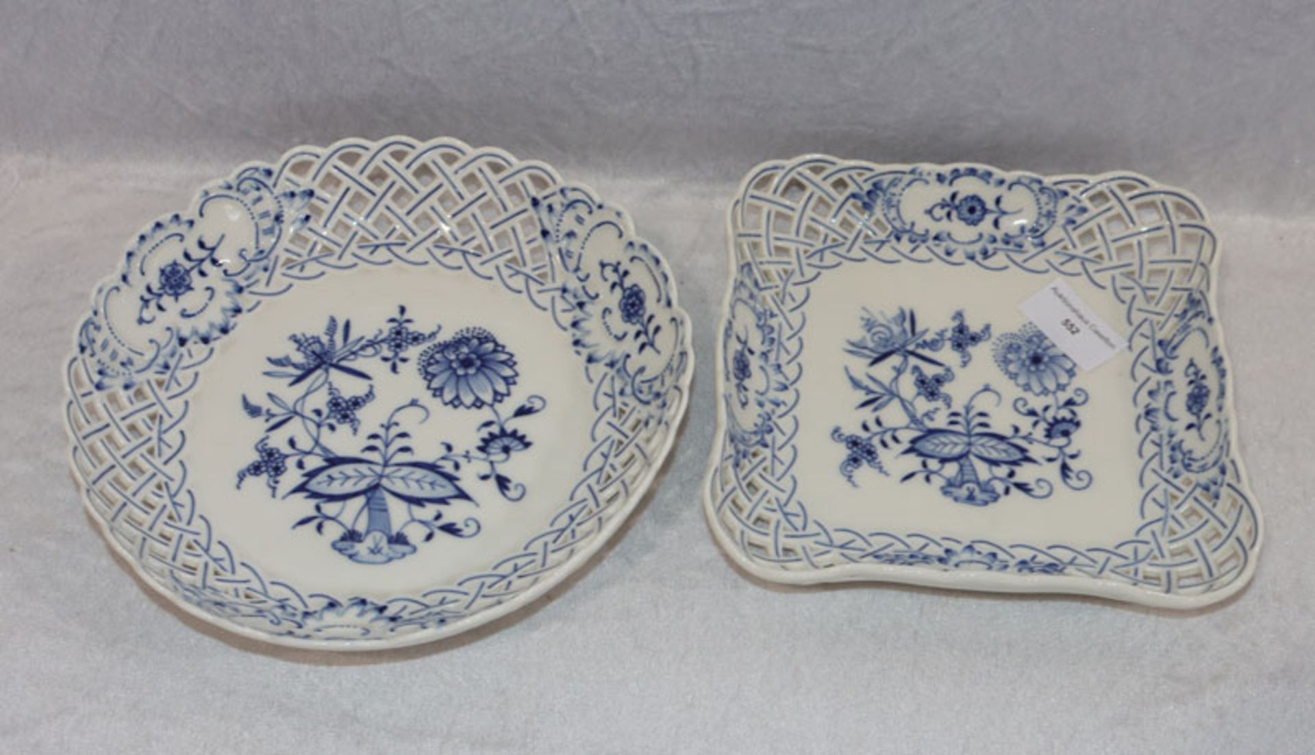 Runde Meissen Schale mit Drchbruchrand, D 21 cm, und eckige Schale mit Durchbruchrand, 18 cm x 18