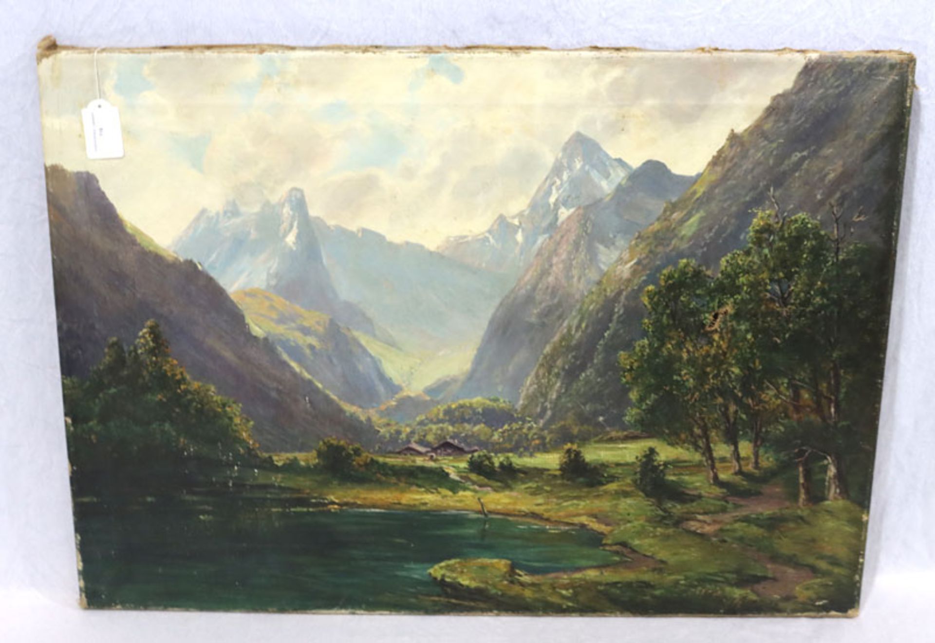 Gemälde ÖL/LW 'Achensee', undeutlich signiert Merk ?, LW mit Reparaturstellen, ohne Rahmen 52 cm x
