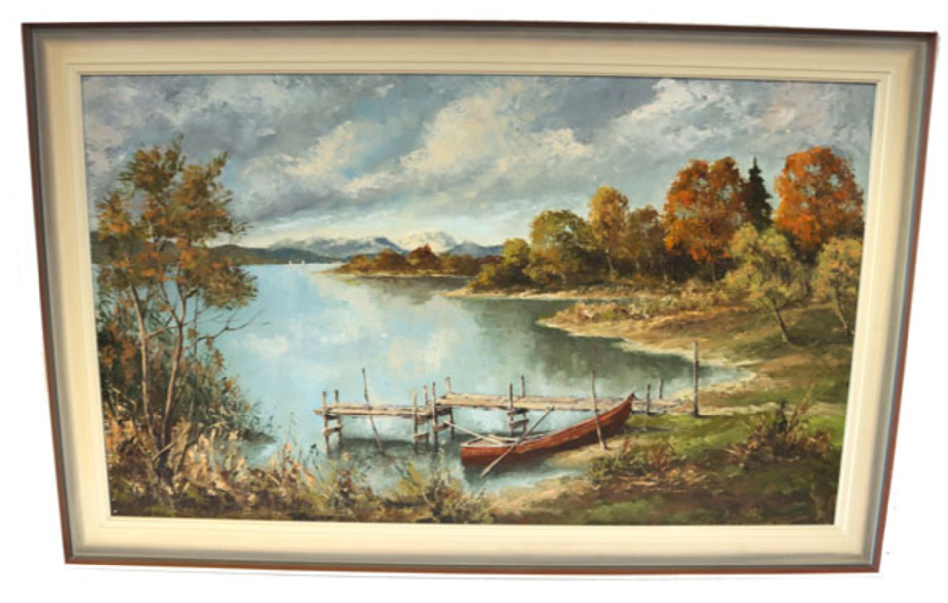 Gemälde ÖL/Hartfaser 'See mit Ruderboot in Voralpenlandschaft', gerahmt, incl. Rahmen 72 cm x 112