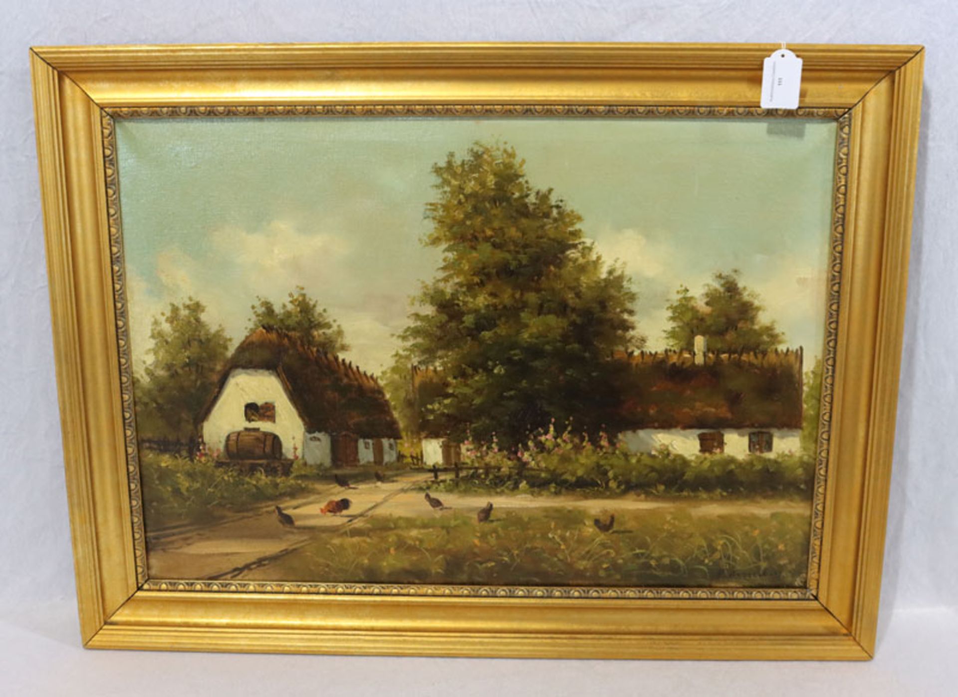 Gemälde ÖL/LW 'Bauerngehöft mit Hühner', signiert Wennerberg, gerahmt, incl. Rahmen 57 cm x 77 cm