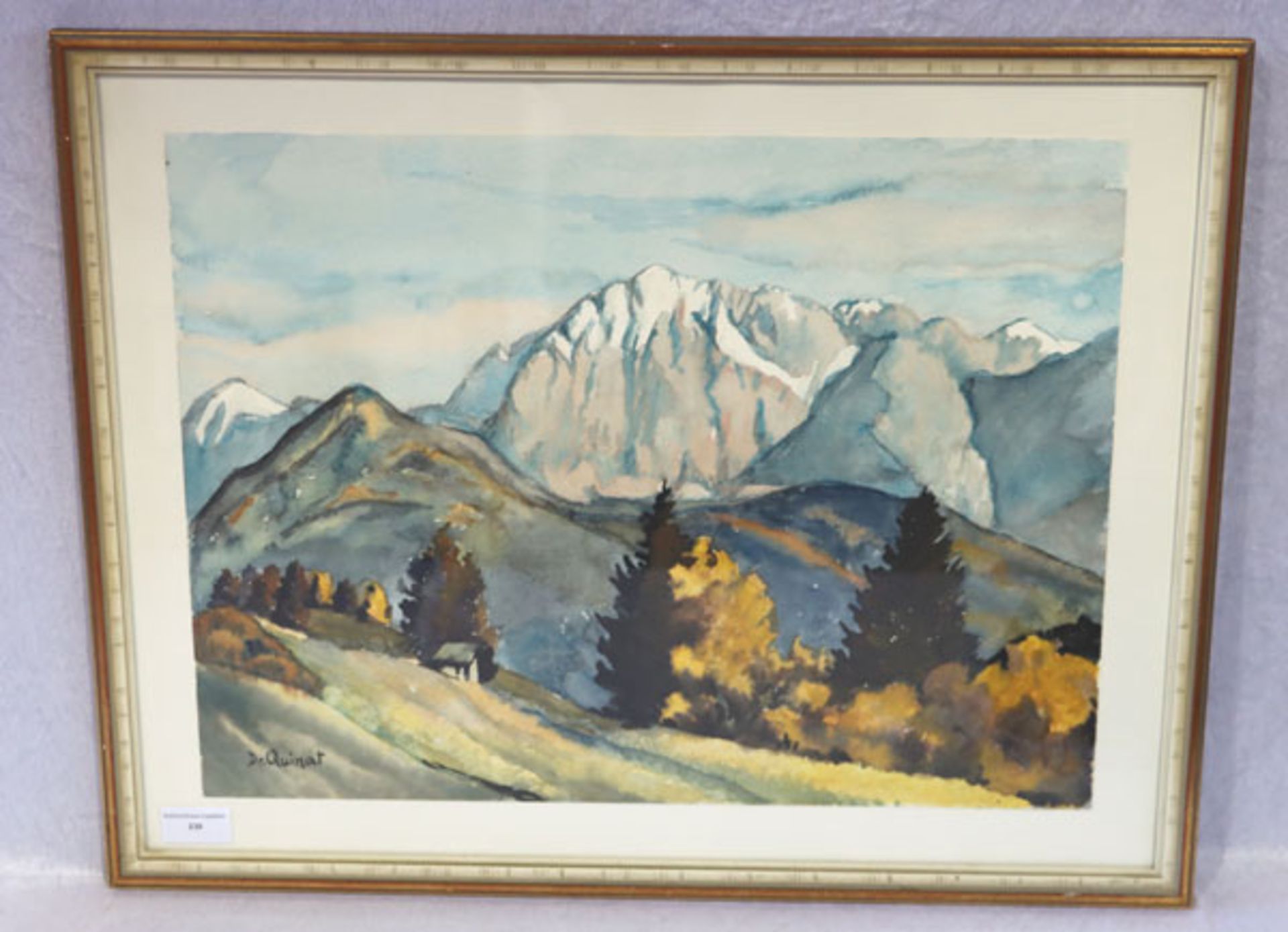 Aquarell 'Blick ins Hochgebirge im Herbst', signiert Dr. Quinat, unter Glas gerahmt, Rahmen