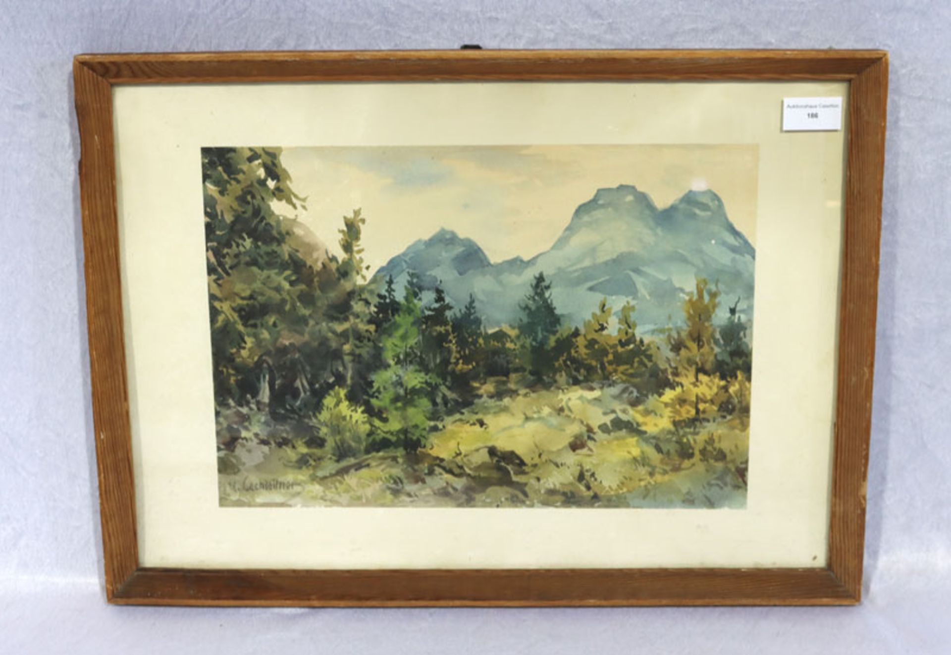 Aquarell 'Wasserfallkarspitze im Lechtal', signiert U. Lechleitner, unter Glas gerahmt, Rahmen