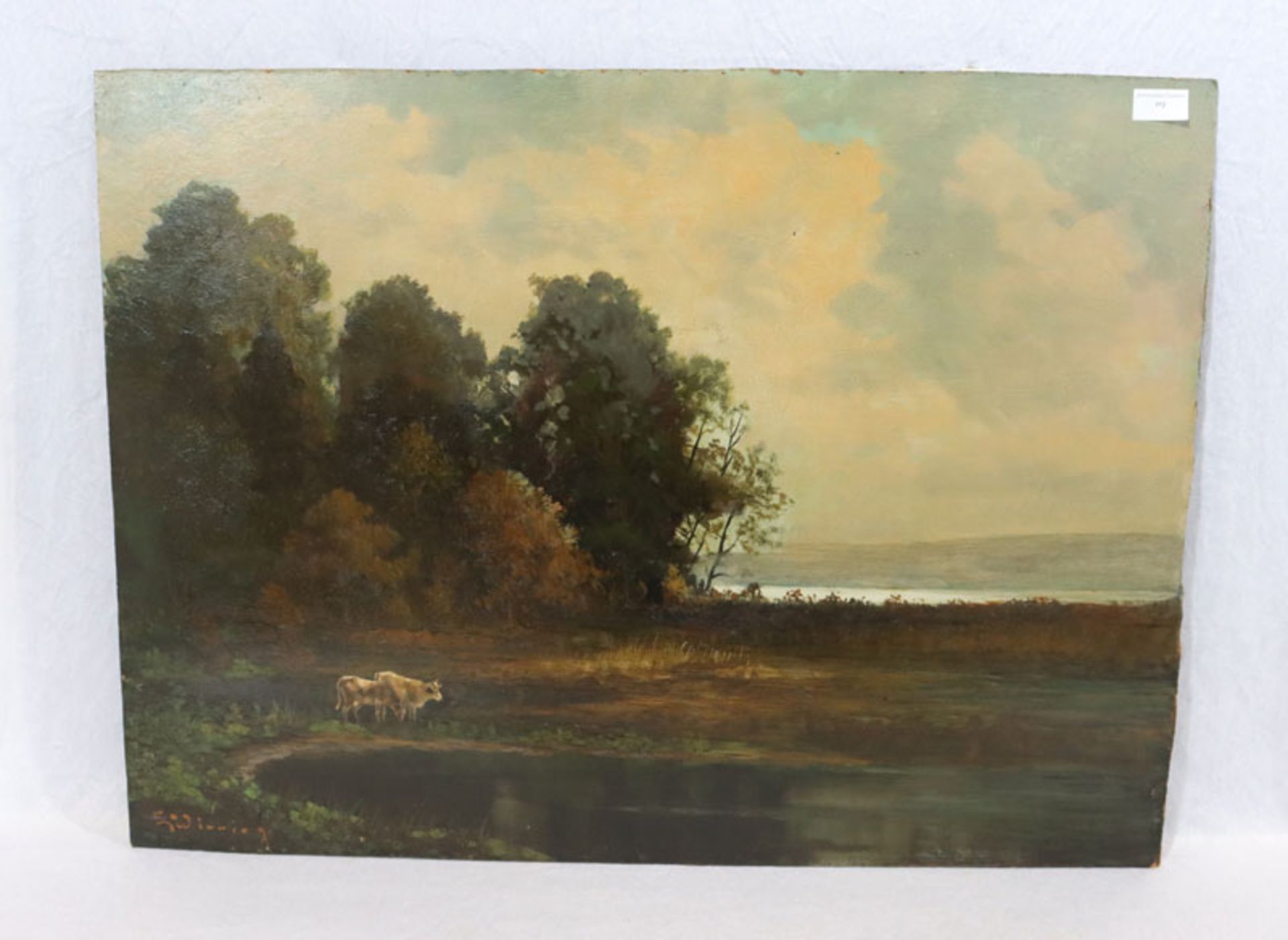 Gemälde ÖL/Hartfaser 'Seelandschaft mit Kühe', signiert Winning ?, ohne Rahmen 60 cm x 79 cm