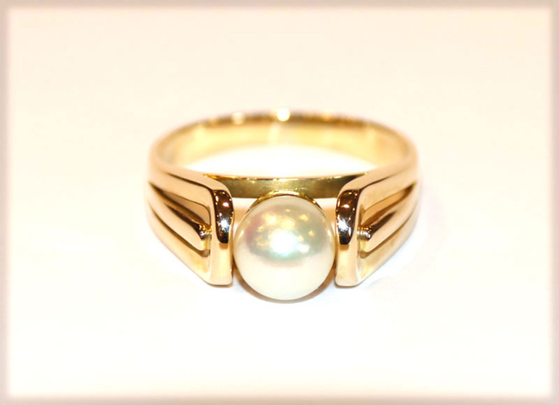 14 k Gelbgold Ring mit Perle, Gr. 60, 6,7 gr.
