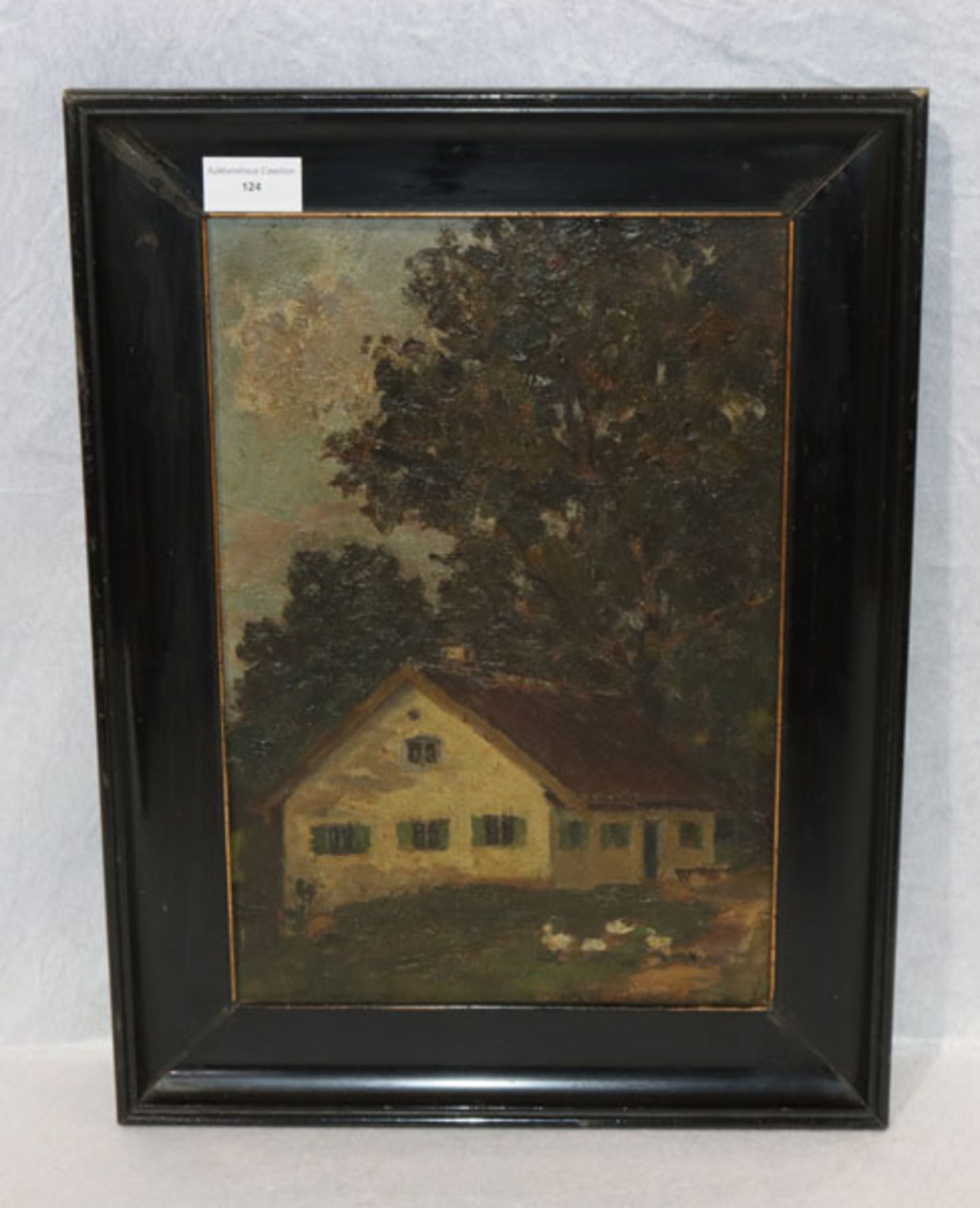 Gemälde ÖL/Malkarton 'Hausansicht vor Bäumen', gerahmt, Rahmen beschädigt, incl. Rahmen 45 cm x 33