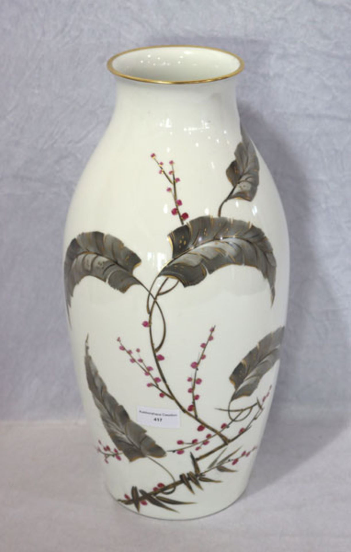 Rosenthal Porzellan Bodenvase mit Floraldekor und Goldrand, H 43 cm, D 19 cm