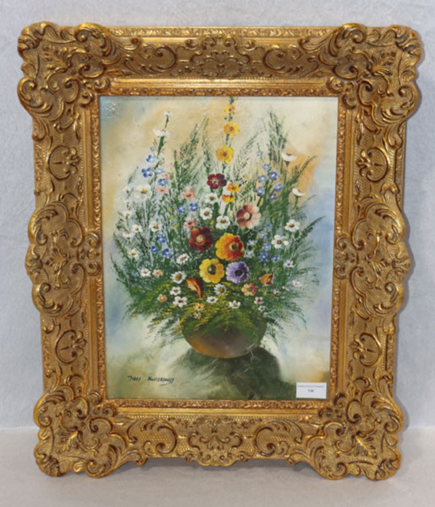 Gemälde ÖL/LW 'Blumenstillleben in Vase', signiert Jan Kurzung ?, dekorativ gerahmt, incl. Rahmen 56