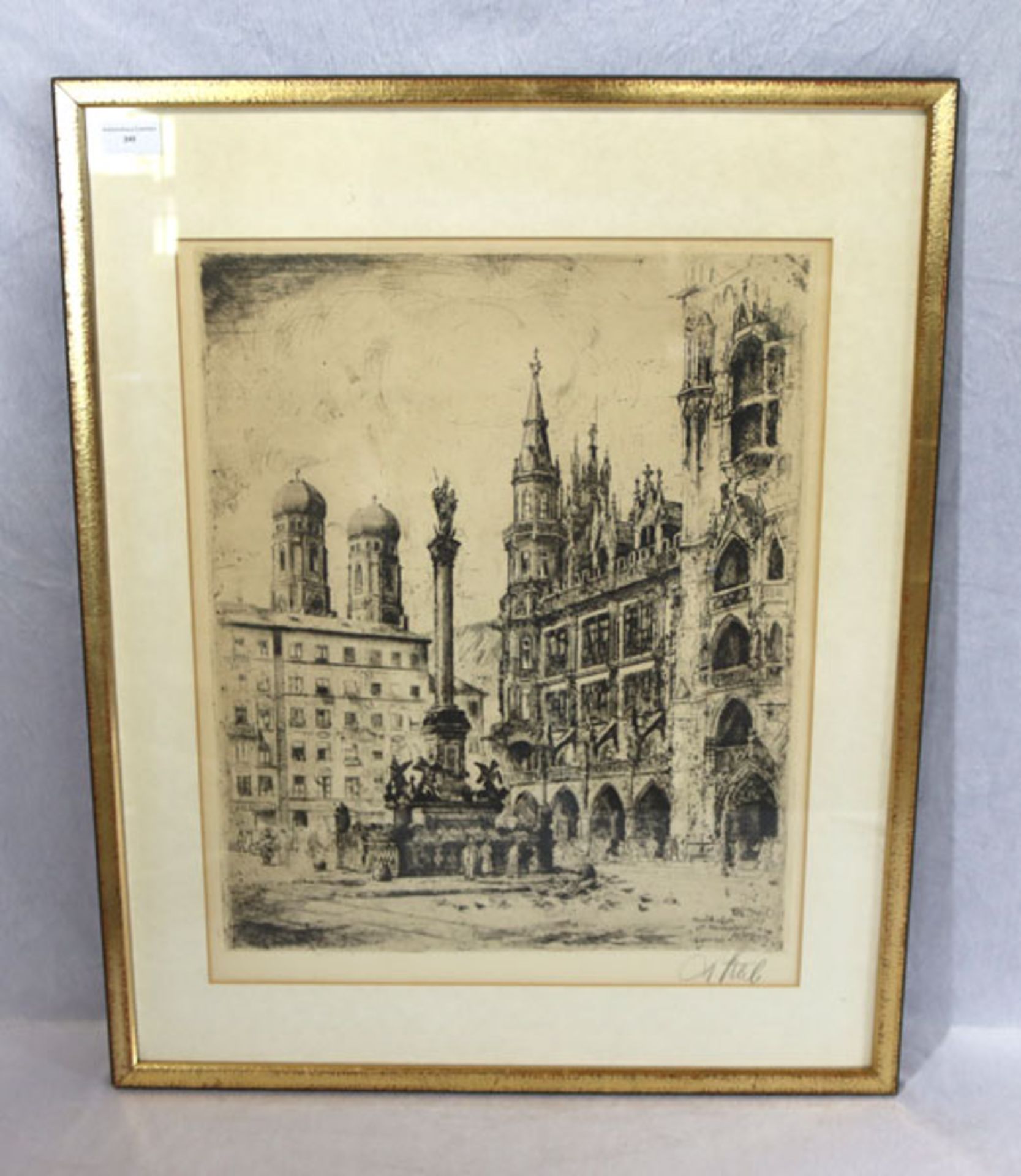 Radierung 'München, Marienplatz', signiert J. (Josef) Steib, * 1898 München + 1957 Cochem/Mosel,