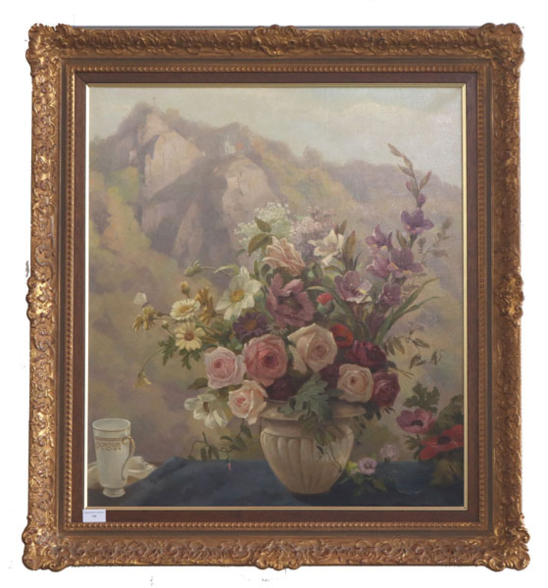 Gemälde ÖL/LW 'Blumenstillleben vor Hochgebirge', signiert W. Kraus, gerahmt, incl. Rahmen 90 cm x