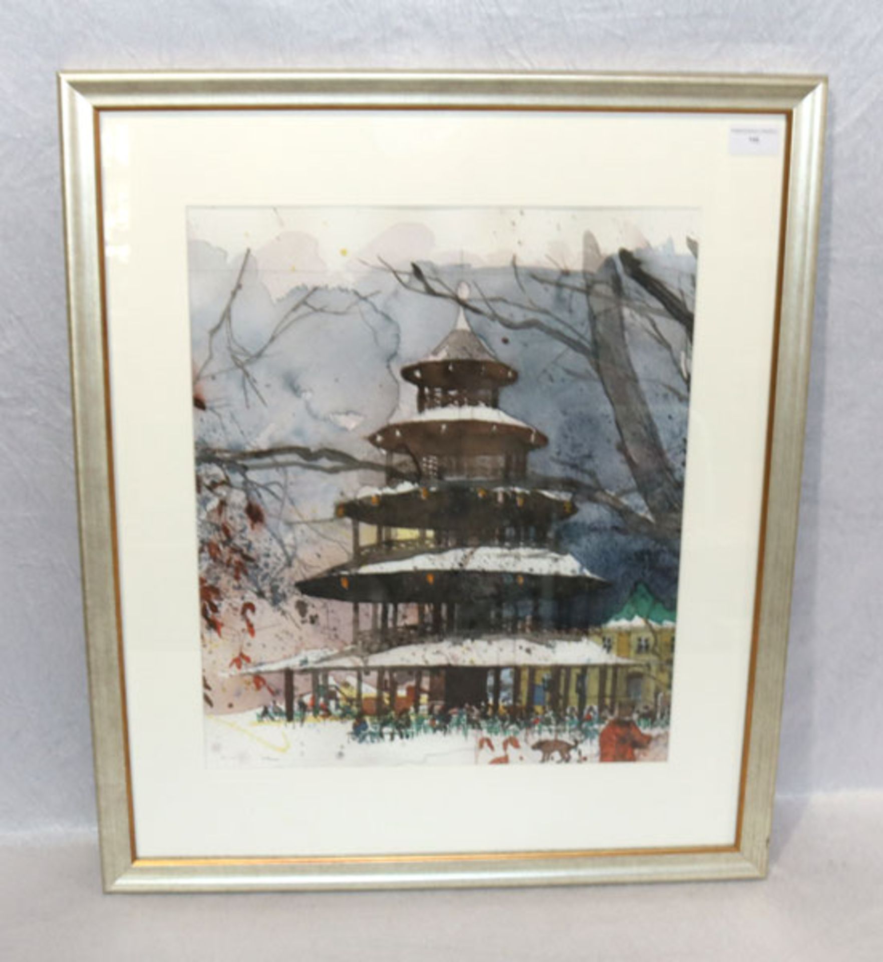 Aquarell 'Chinesischer Turm im Englischen Garten', mit Passepartout unter Glas gerahmt, incl. Rahmen