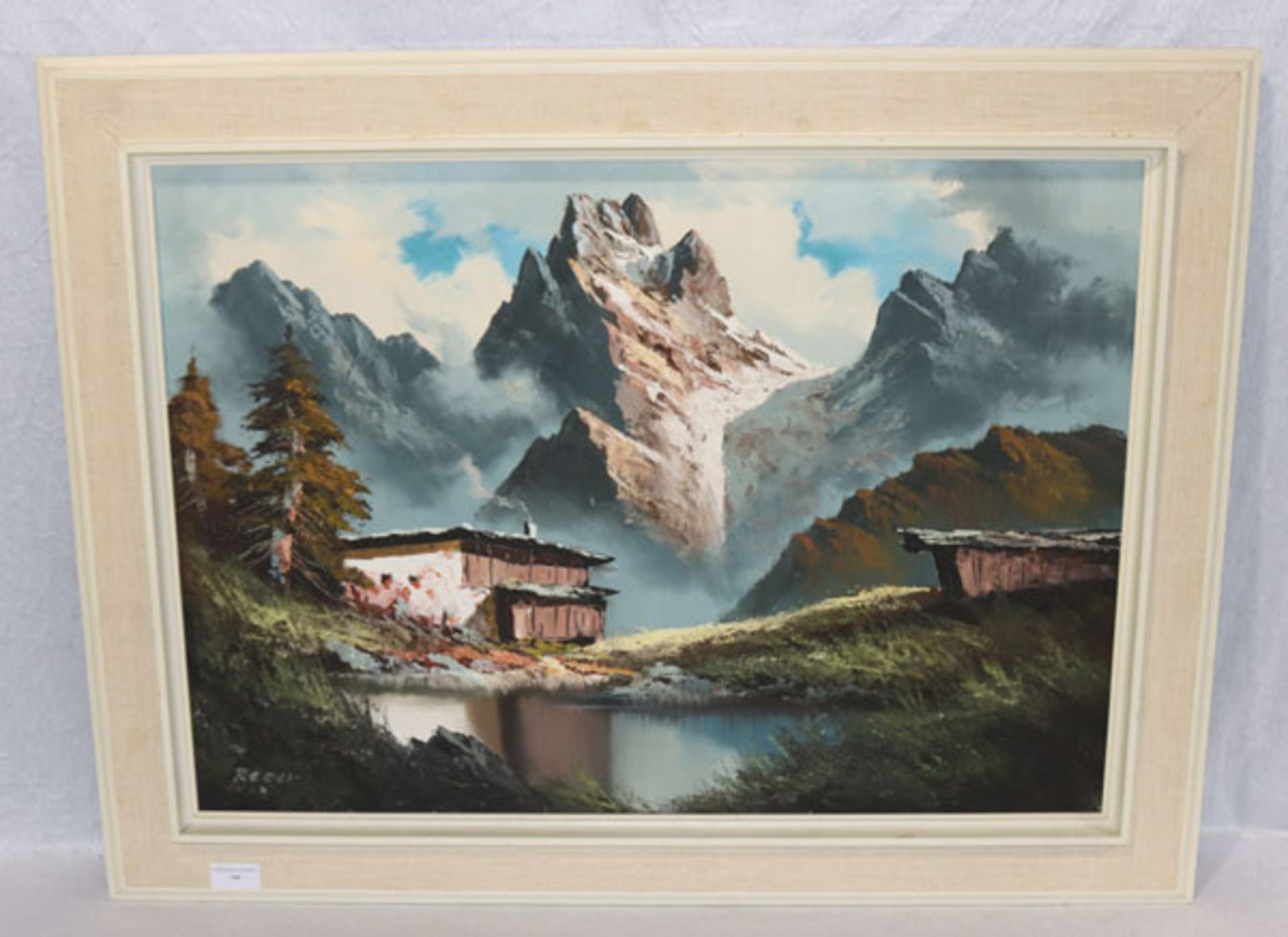 Gemälde ÖL/LW 'Wilder Kaiser mit Bauernhaus', signiert Reger, gerahmt, Rahmen leicht beschädigt,
