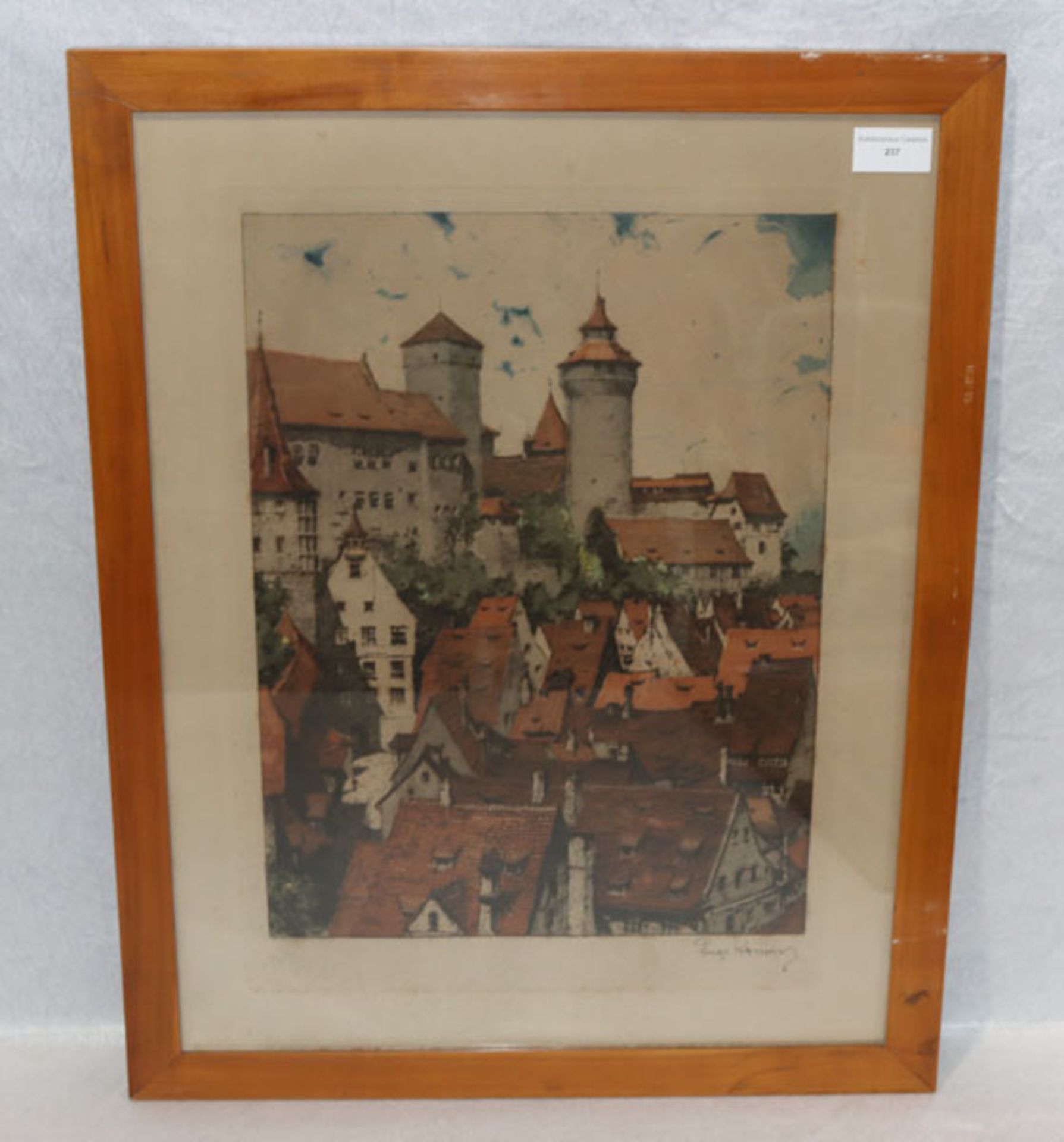 Farbradierung 'Nürnberg mit Burg', signiert Luigi Kasimir, 1918, * 1881 Pettau + 1962 Wien,