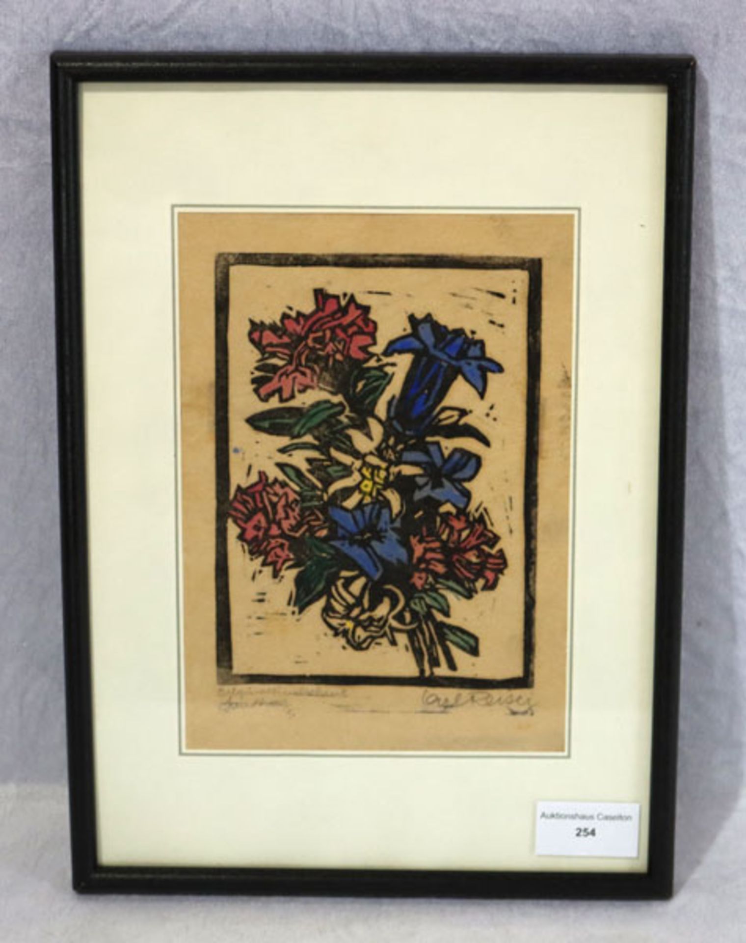 Originallinolschnitt 'Alpenblumen', signiert Carl Reiser, * 1877 Partenkirchen + 1950 München,