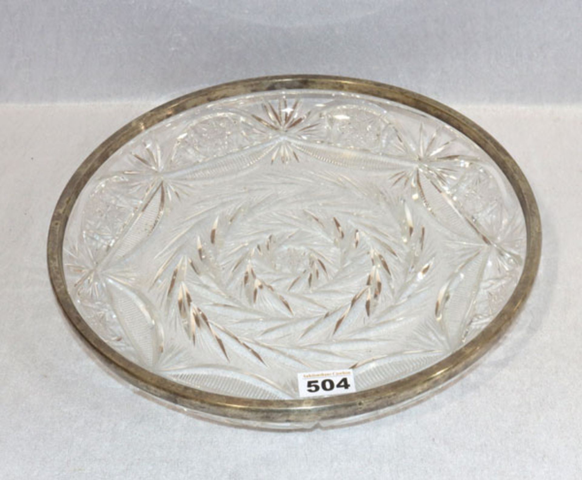 Kristallglas Schale mit Schliffdekor und 800 Silberrand, H 5,5 cm, D 36 cm, Gebrauchsspuren