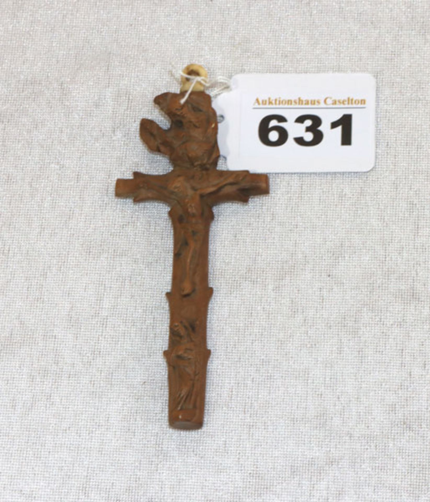 Kreuz-Anhänger aus Holz, detailliert geschnitzt mit Korpus Christi, Gottvater, Heiliger Geist und