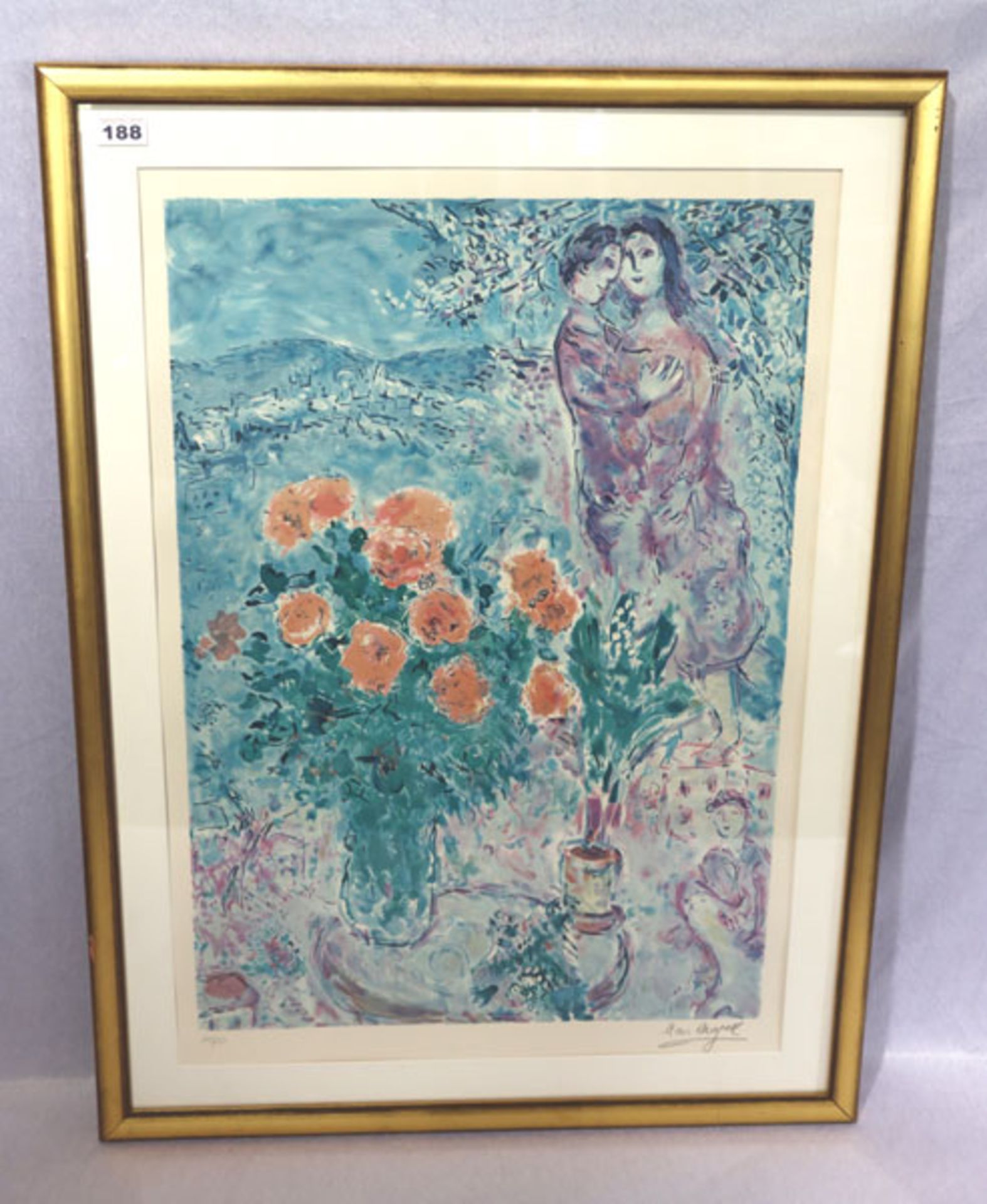Farblithographie 'Fleurs d ' Amour', von 1973, Drucksignatur Marc Chagall, Nr. 105/250, mit