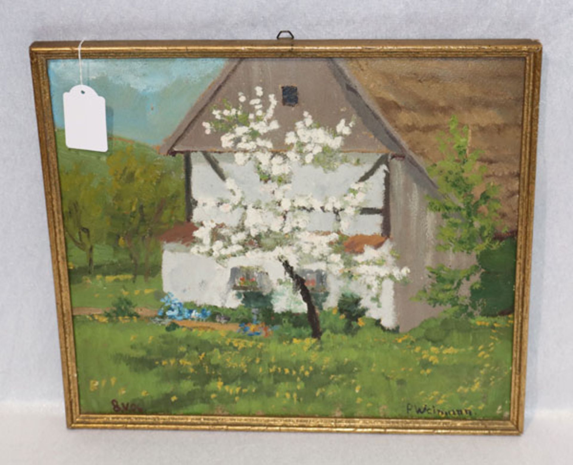 Gemälde ÖL/Malkarton 'Apfelbaum vor Bauernhaus', signiert P. Weimann, gerahmt, Rahmen bestossen,