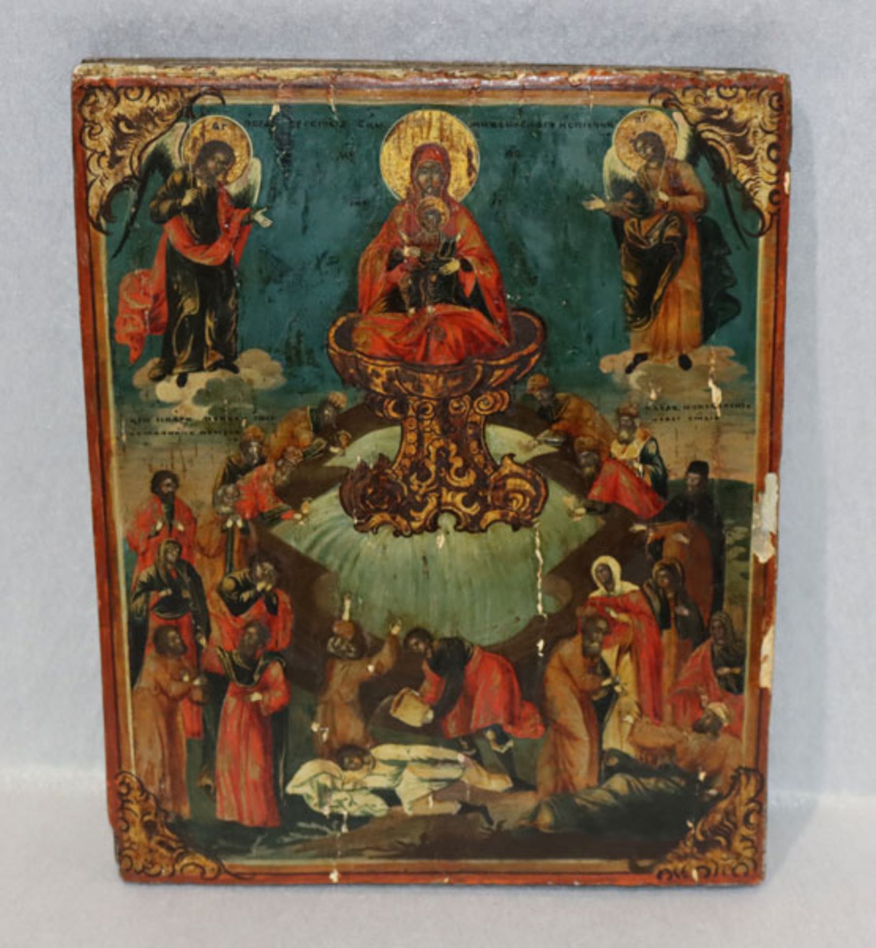 Ikone 'Religiöser Szenerie', Oberfläche beschädigt, teils mit Farbablösungen, 31,5 cm x 26 cm