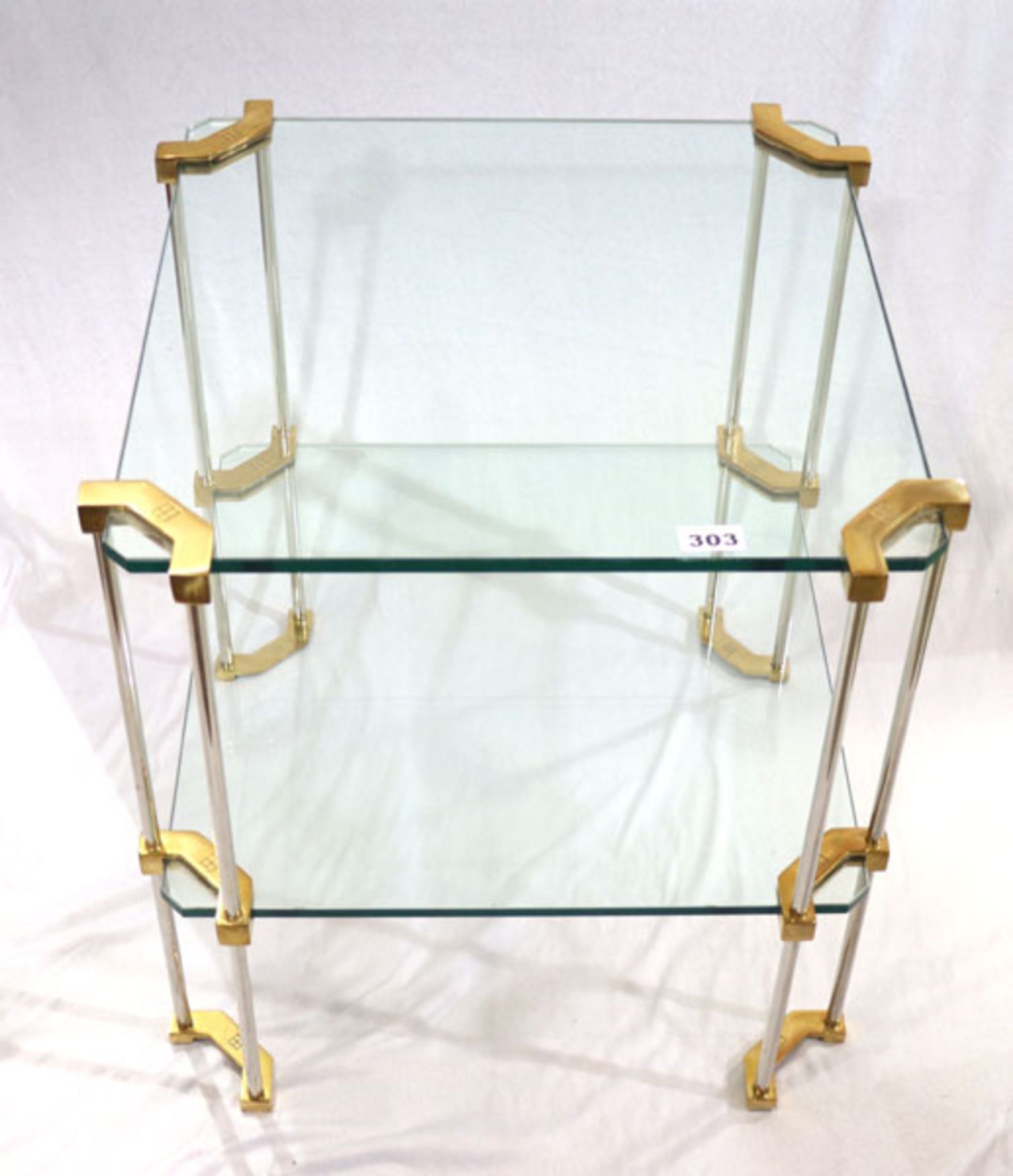 Paar Designer Messing Beistelltische mit je 2 Glasplatten, H 58 cm, B 54 cm, T 54 cm, Abholung