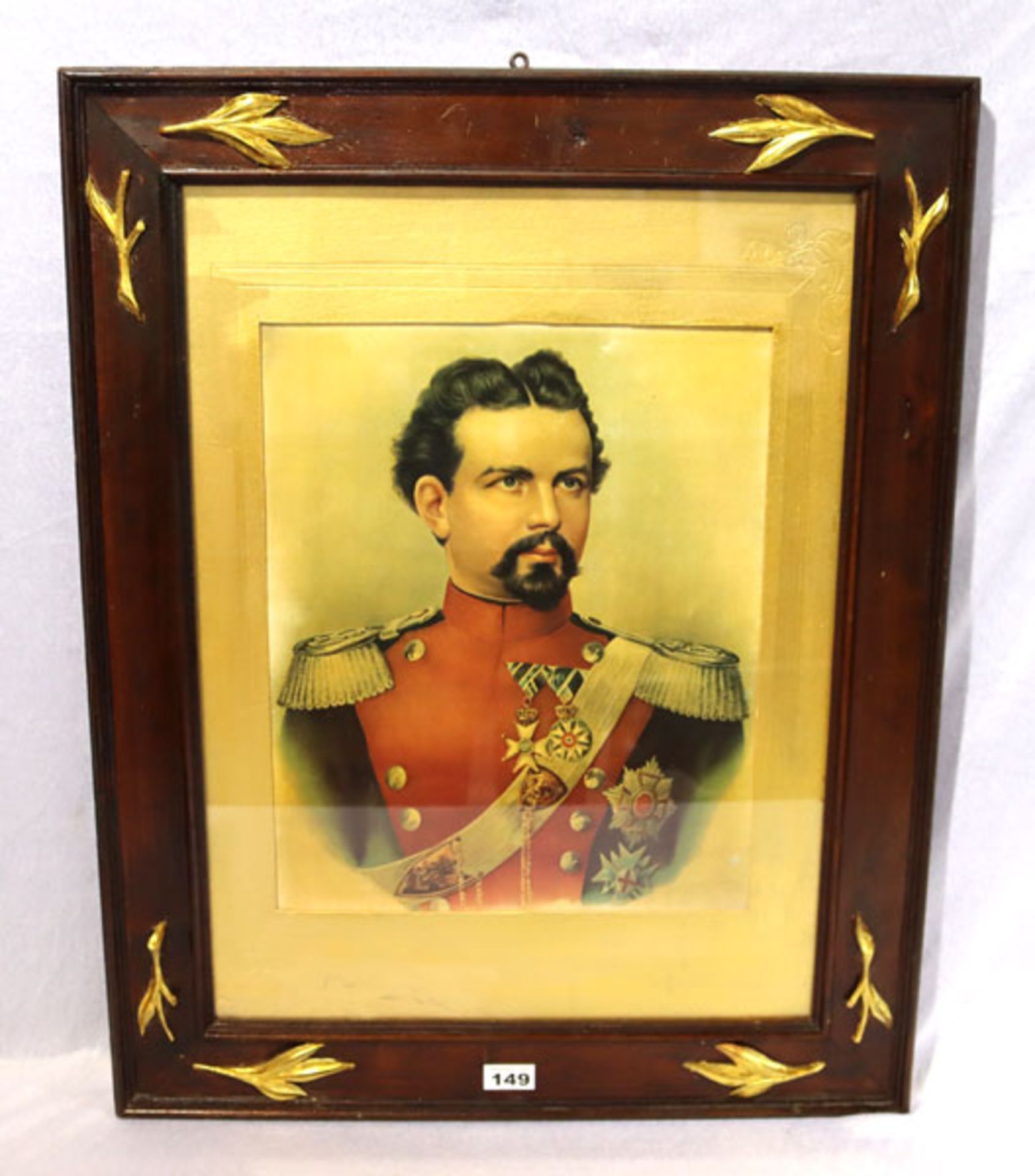 Druck 'König Ludwig II. von Bayern', mit goldener Passepartout unter Glas gerahmt, Rahmen