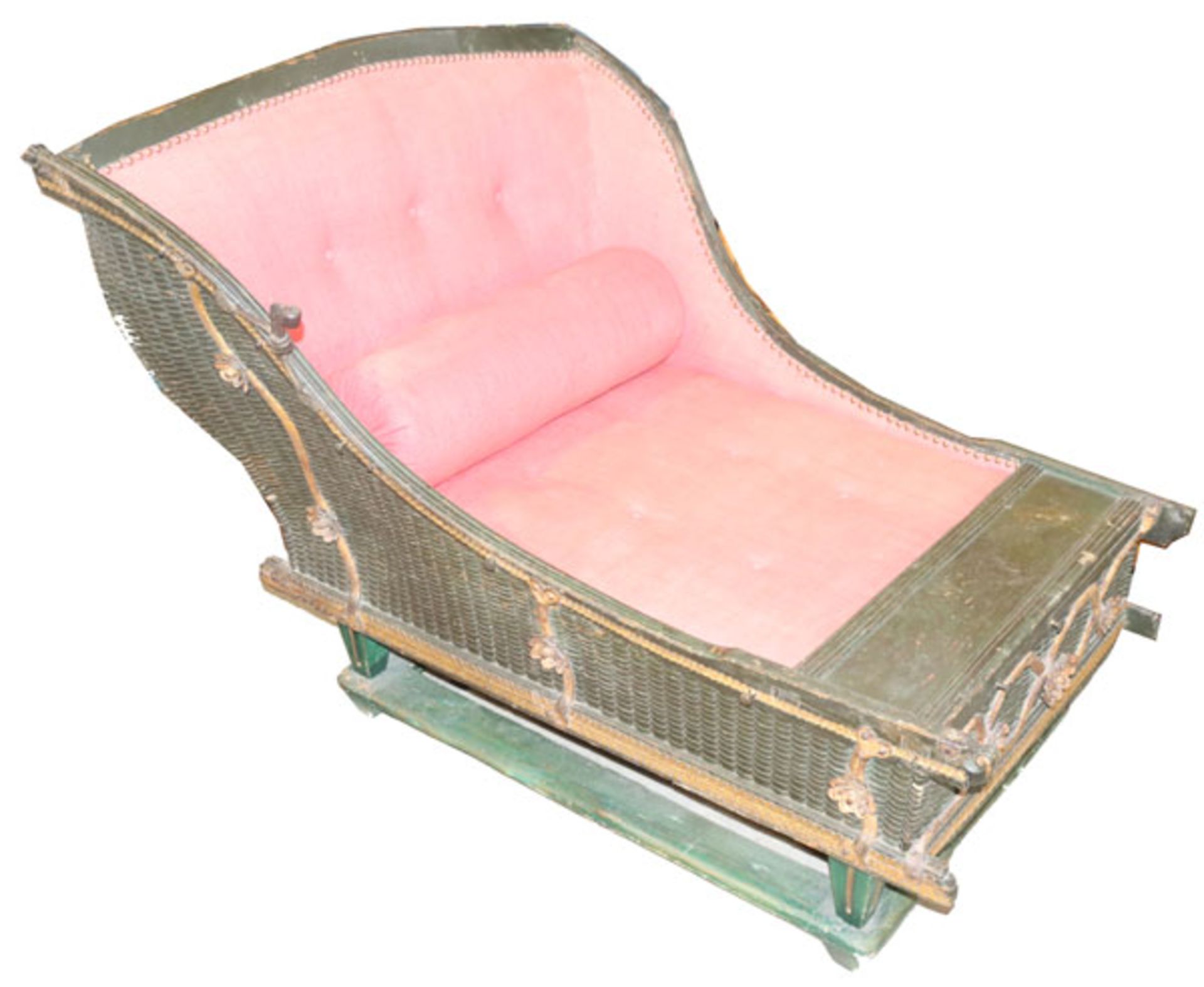 Sessel aus Holzschlitten ohne Kufen umgebaut, um 1800, geflochtener Korb-Korpus mit