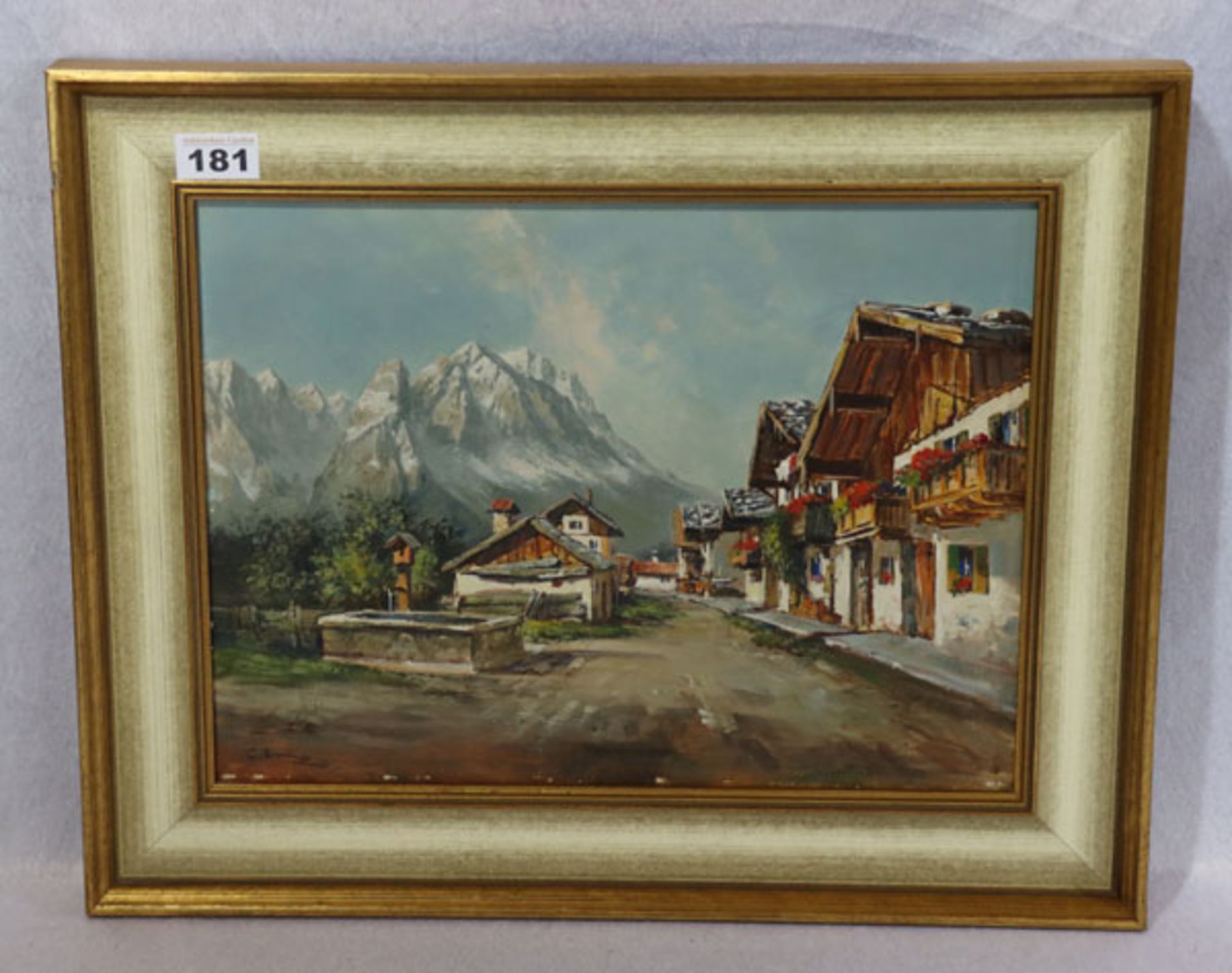 Gemälde ÖL/Hartfaser 'Frühlingsstraße mit Wettersteingebirge', signiert Neumayer, Wilhelm, *