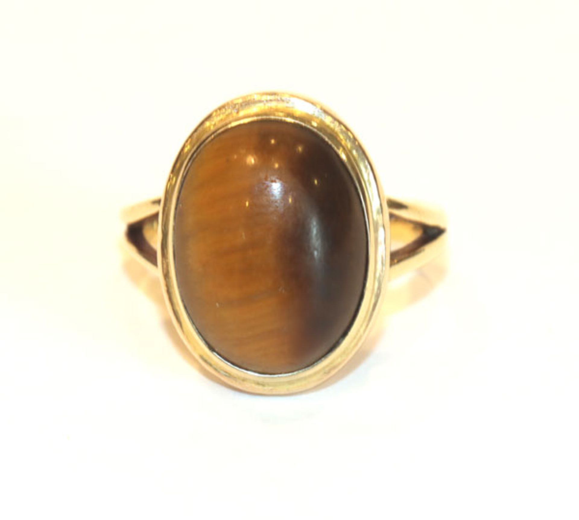 14 k Gelbgold Ring mit Tigerauge, 7,6 gr., Gr. 58, Stein teils matt