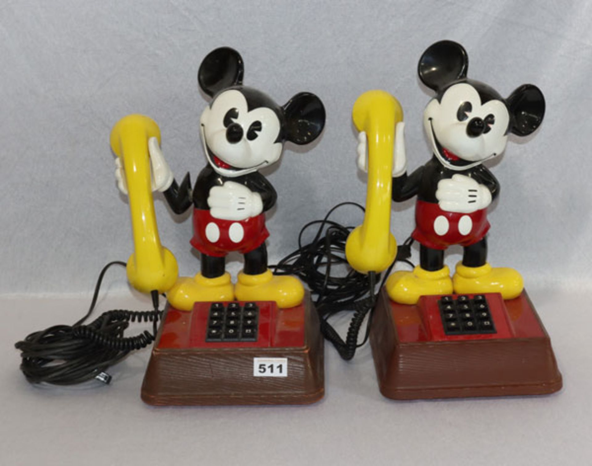 2 Mickey Mouse Telefone, Post DFeAB 322 Zettler, Funktion nicht geprüft, H 40 cm, B 22 cm, T 23