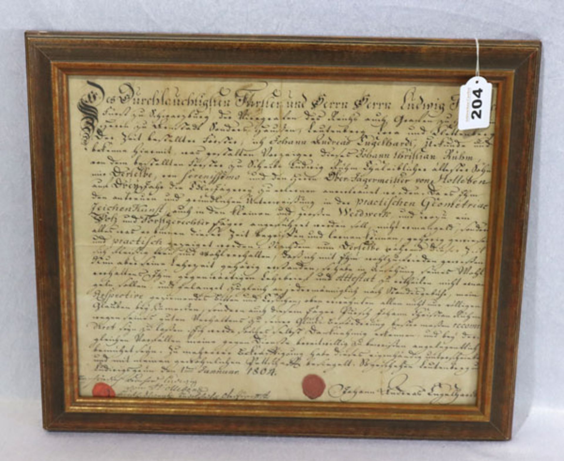 Handgeschriebener Brief von 1804 an einen Fürsten, mit Siegelwappen, unter Glas gerahmt, incl.
