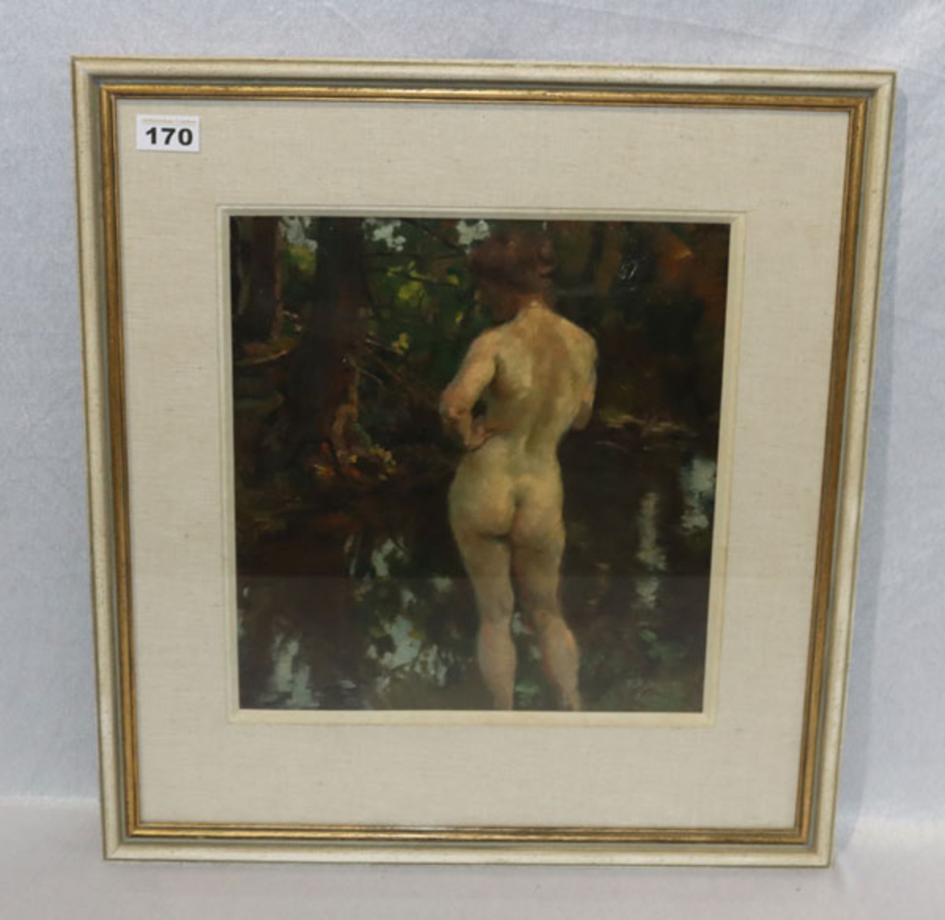 Gemälde ÖL/Malkarton 'Rückseitiger Fraunenakt', signiert P. Paede, Paul Paede, * 1868 Berlin +