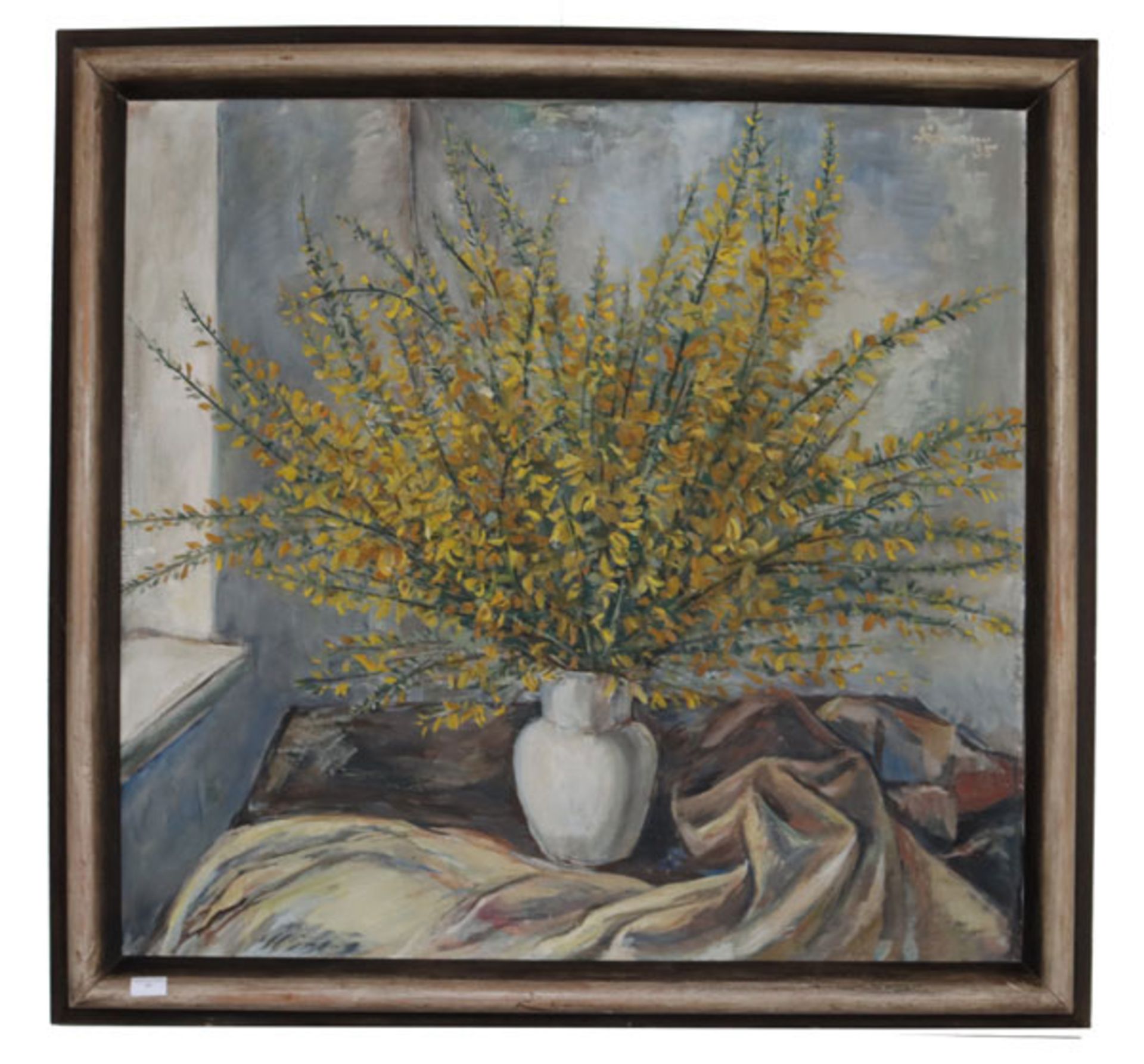Gemälde ÖL/LW 'Ginster in Vase', undeutlich signiert, Bildoberfläche teils beschädigt, gerahmt,