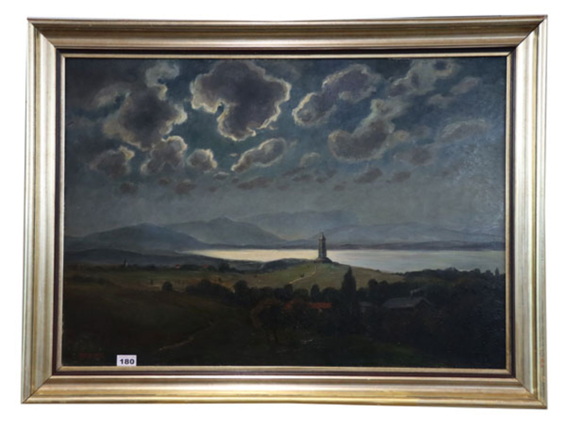 Gemälde ÖL/Hartfaser 'Bismarckturm am Starnberger See, bei Berg-Assenhausen', signiert C. Bröcker,