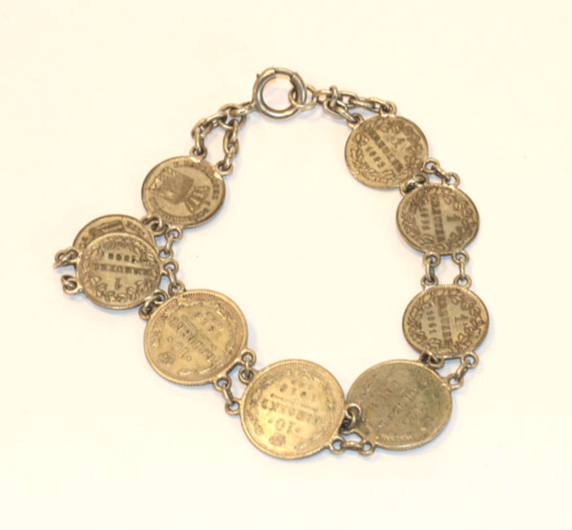 Silber Münz-Armband mit russischen und bayerischen Münzen, 13,6 gr., L 21 cm, Tragespuren