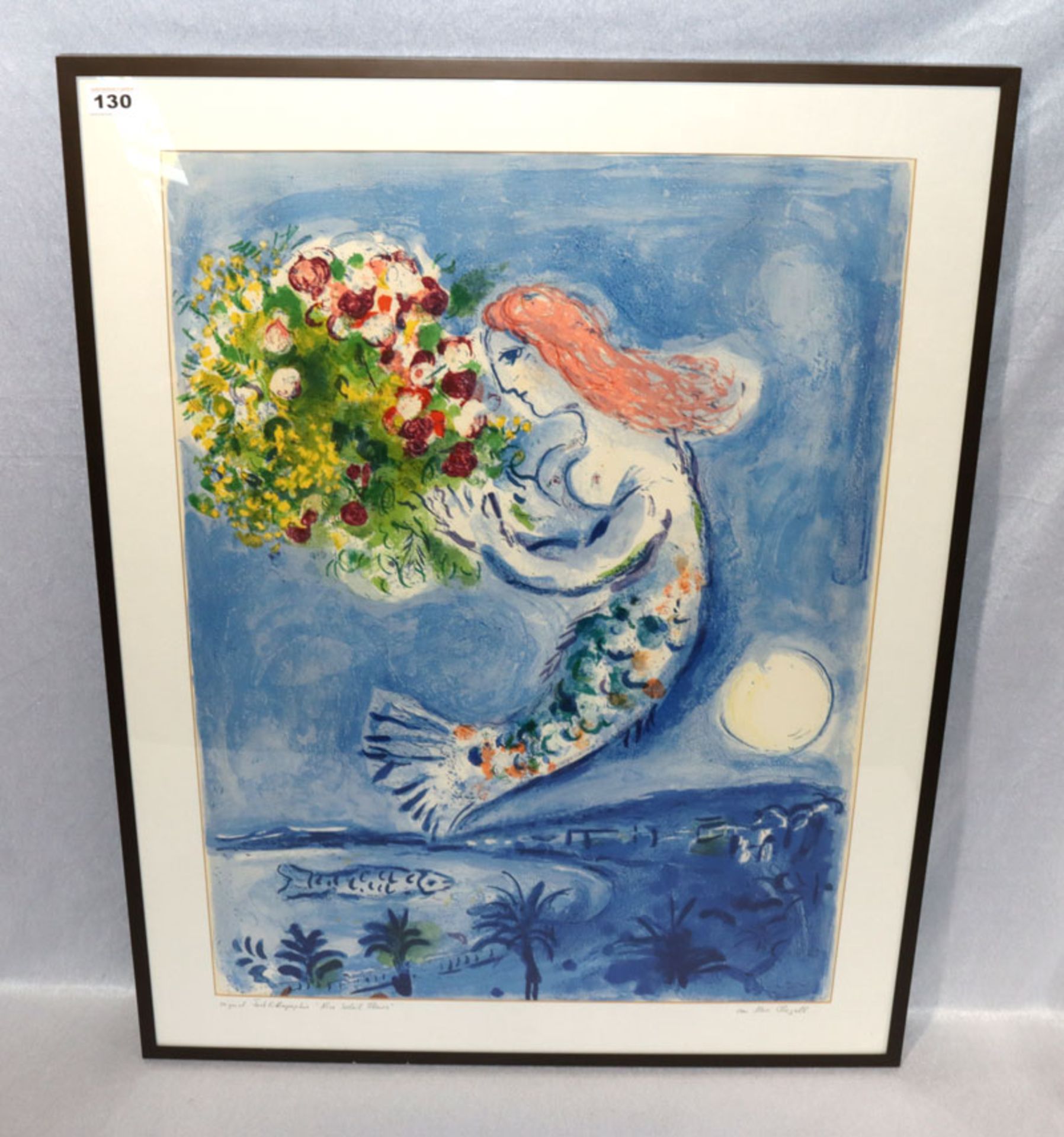 Original Farblithographie 'Nice Soleil Fleurs', nach Marc Chagall, mit Passepartout unter Glas