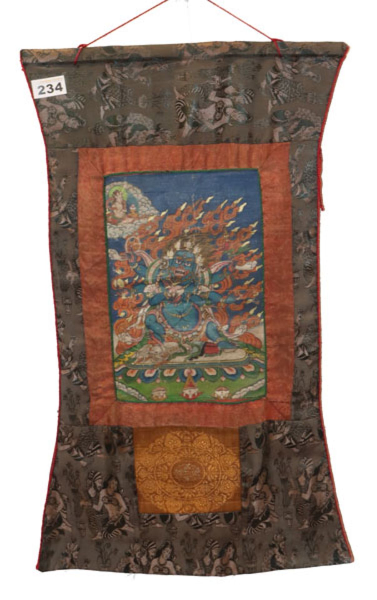 Thangka, Tibet, 19./20. Jahrundert, der blauhäutige, dreiäugige Hevajra hält in der erhobenen