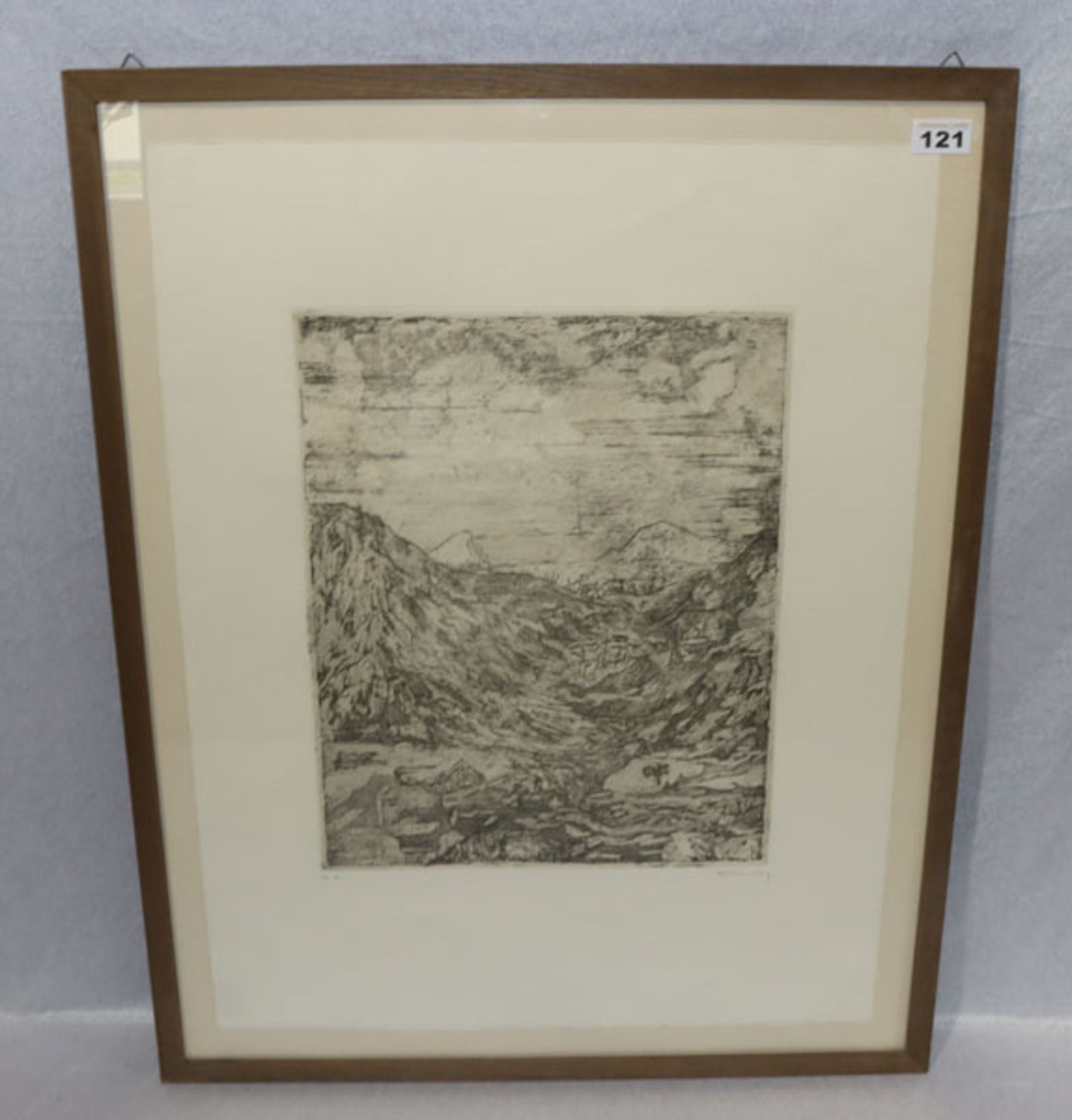 Erstabzug Lithographie 'Gebirgslandschaft', undeutlich signiert, unter Glas gerahmt, Rahmen