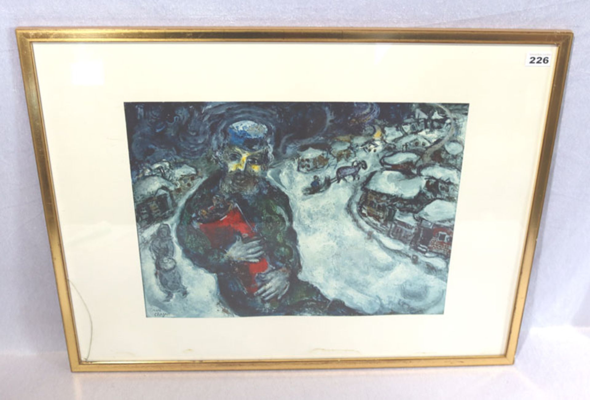 Lithographie 'Holzsammler im Winter mit Dorfansicht', nach Marc Chagall, mit Passepartout unter Glas